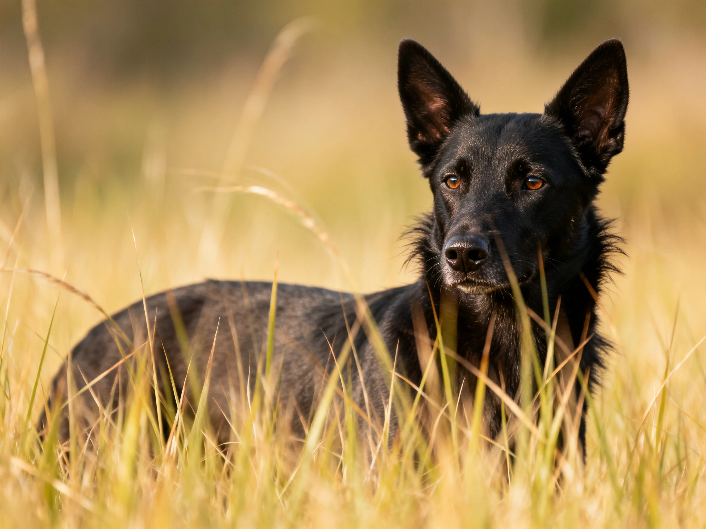 A sleek black dog rests amid tall golden grasses in natural light