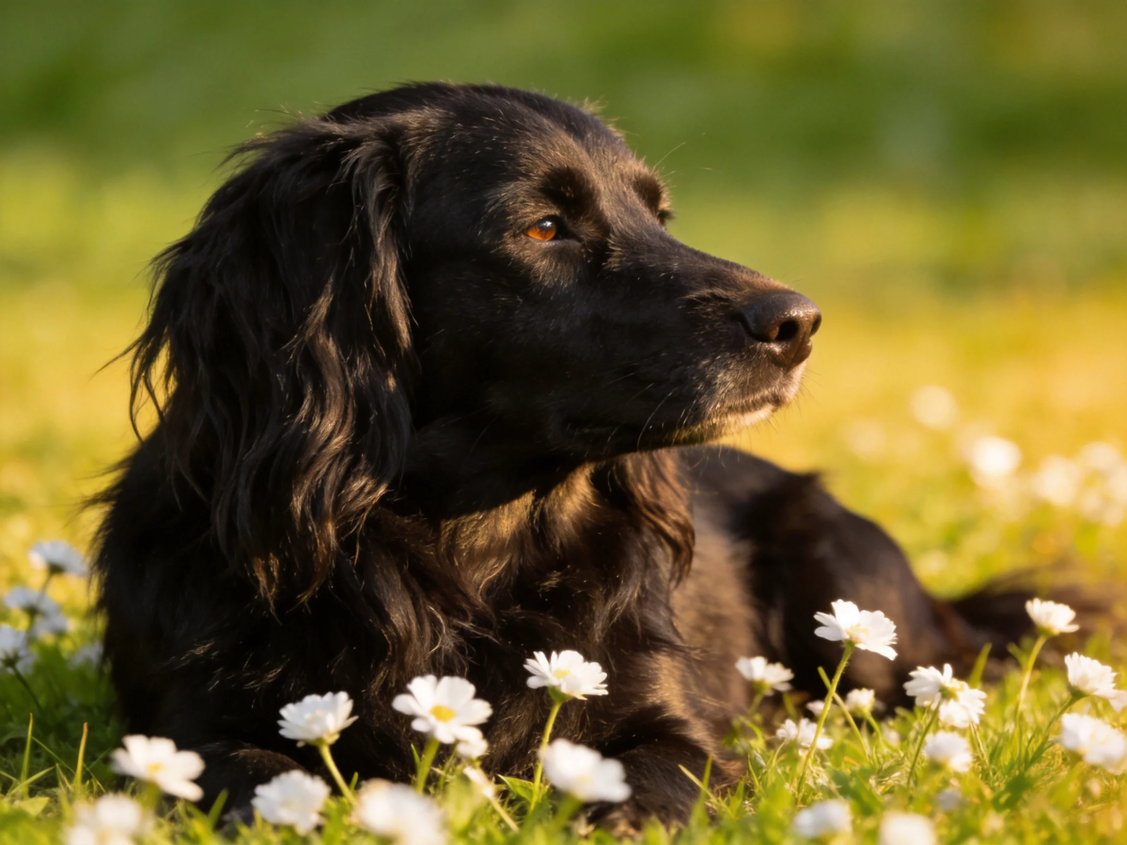 A black dog relaxes among white flowers in a sunlit field.