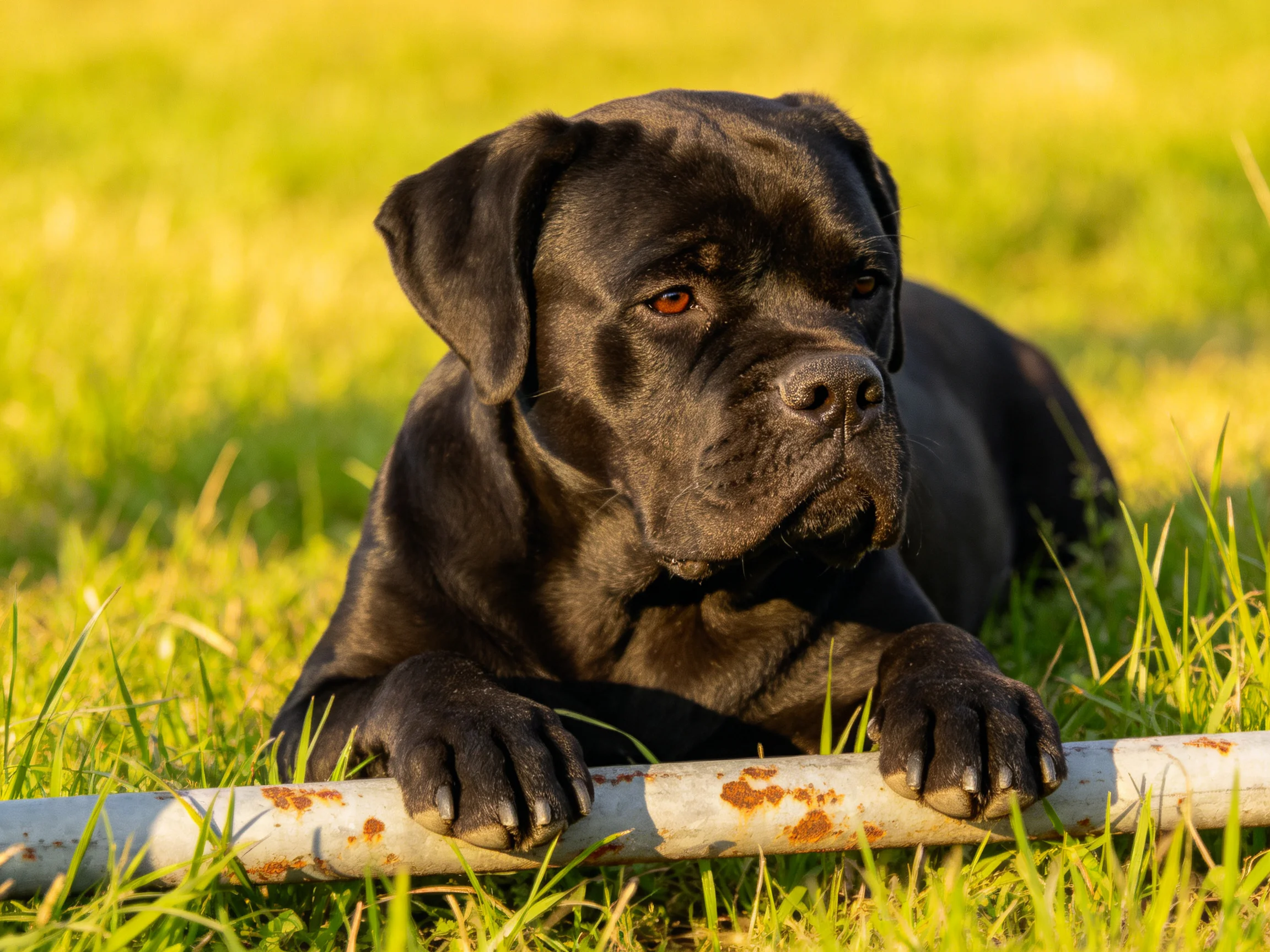 A sleek black dog rests near a rusted metal bar in a sunlit meadow.