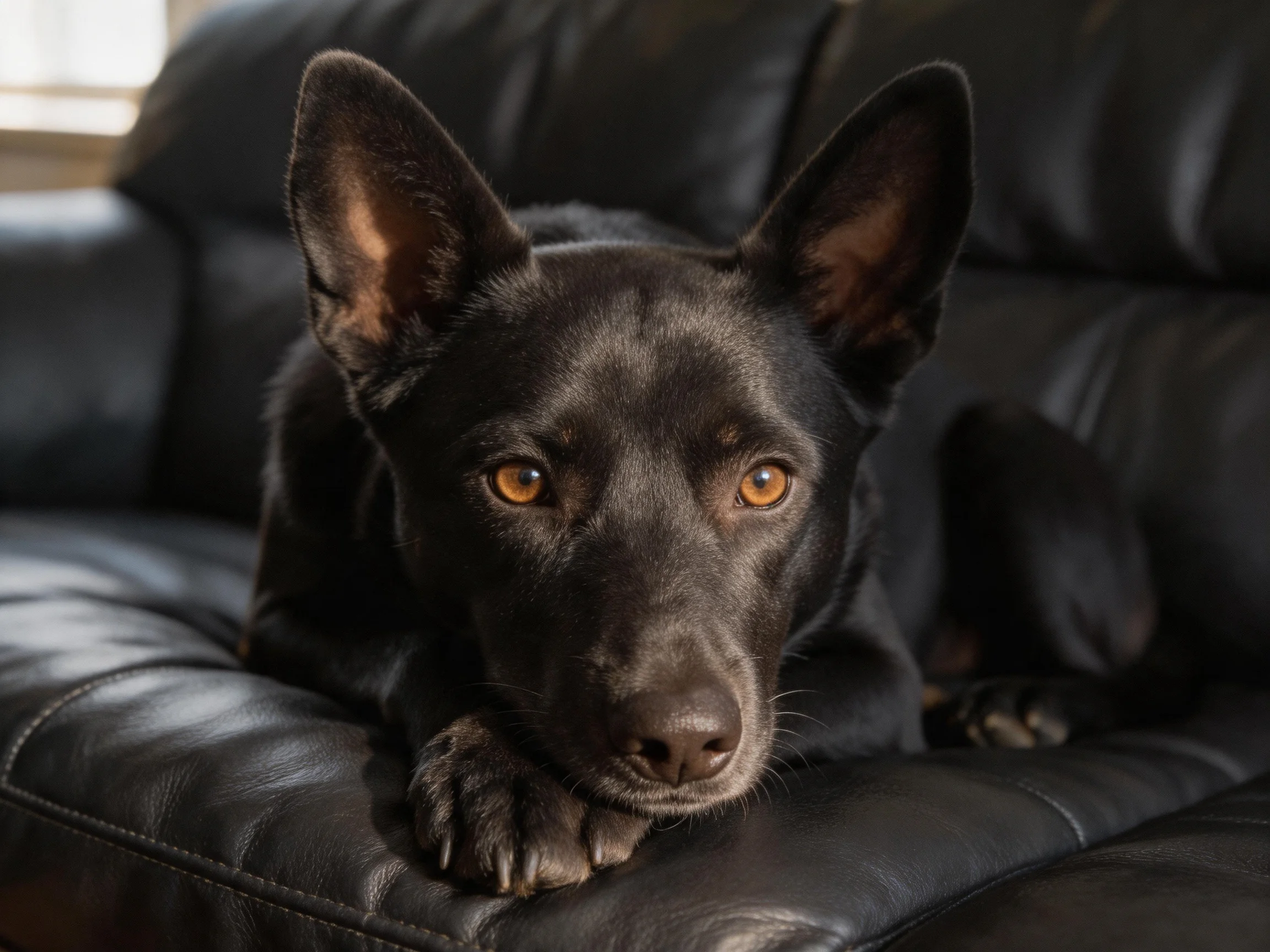 A sleek black dog lies on a glossy black leather couch.