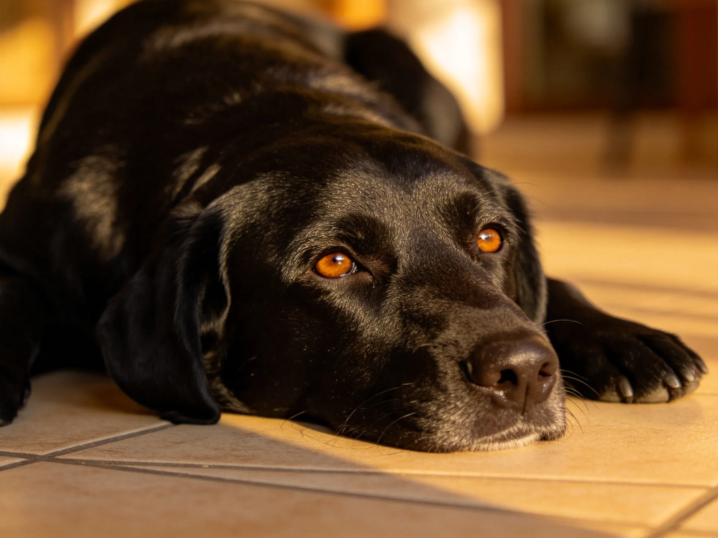 A black dog lies calmly on tiled flooring in a warmly lit space.