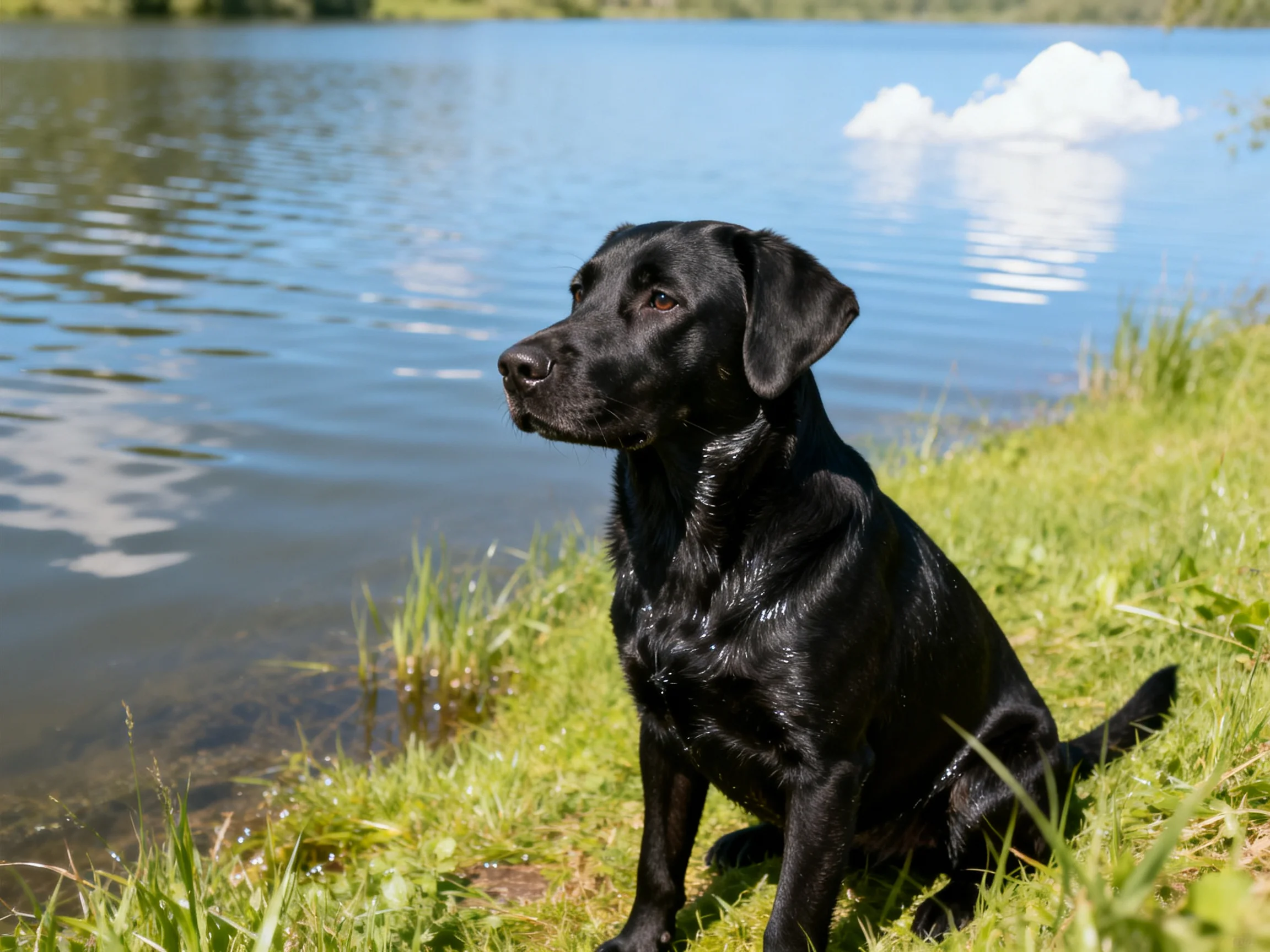 A black dog sits near a calm lake on grass.