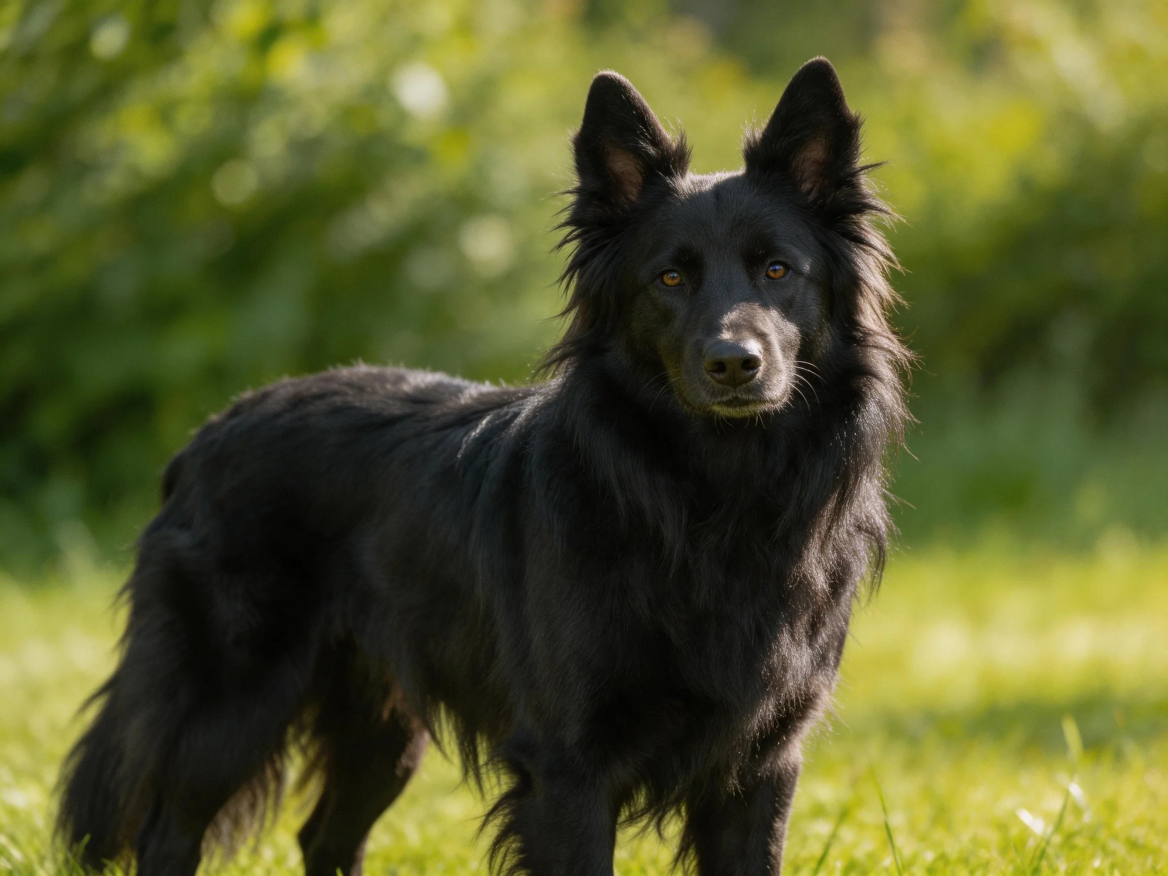 A sleek black dog standing alert in a sunlit meadow