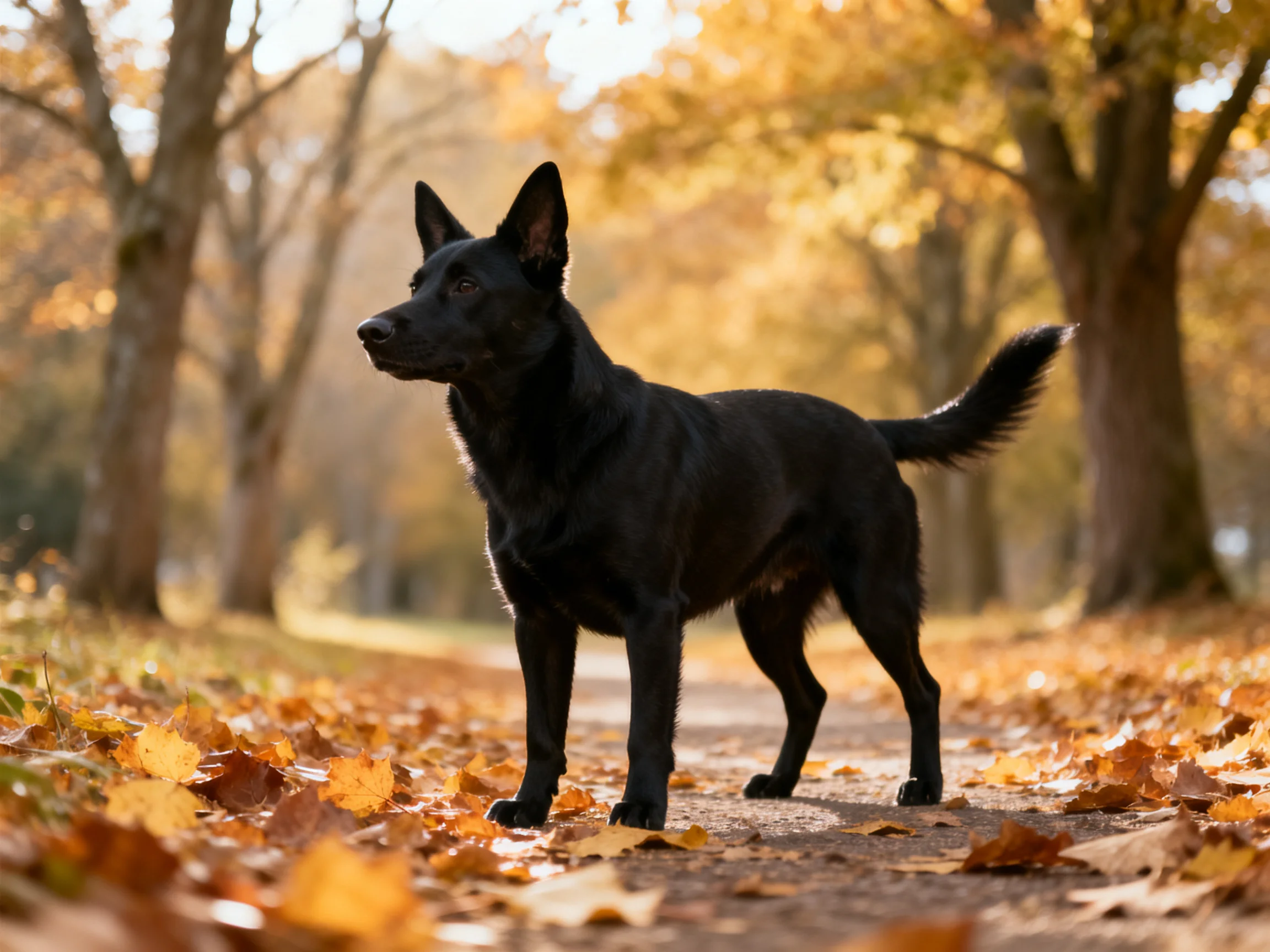A black dog stands alert among fallen autumn leaves in a sunlit park setting.