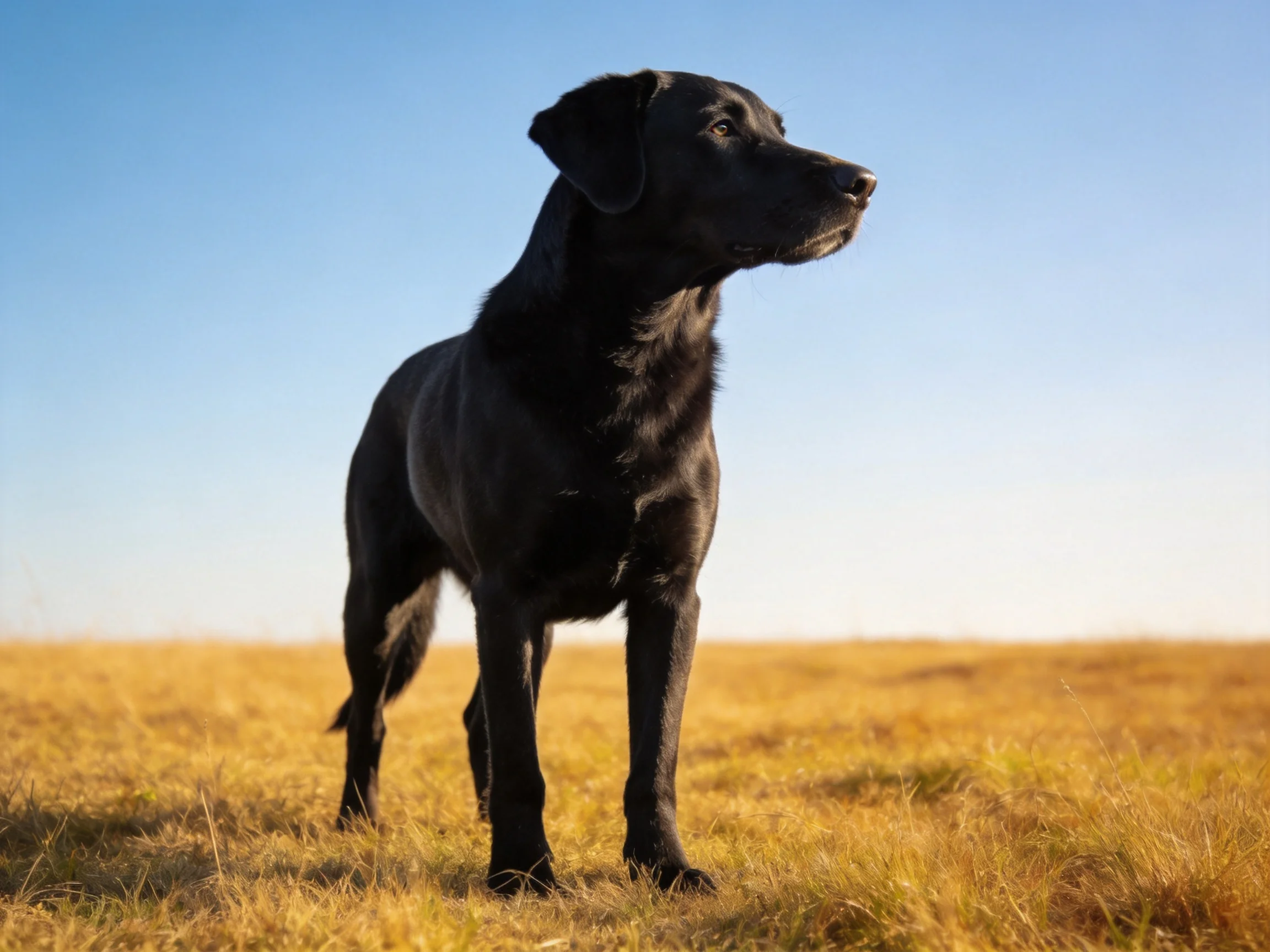 A black dog stands alert in a sunlit golden field.