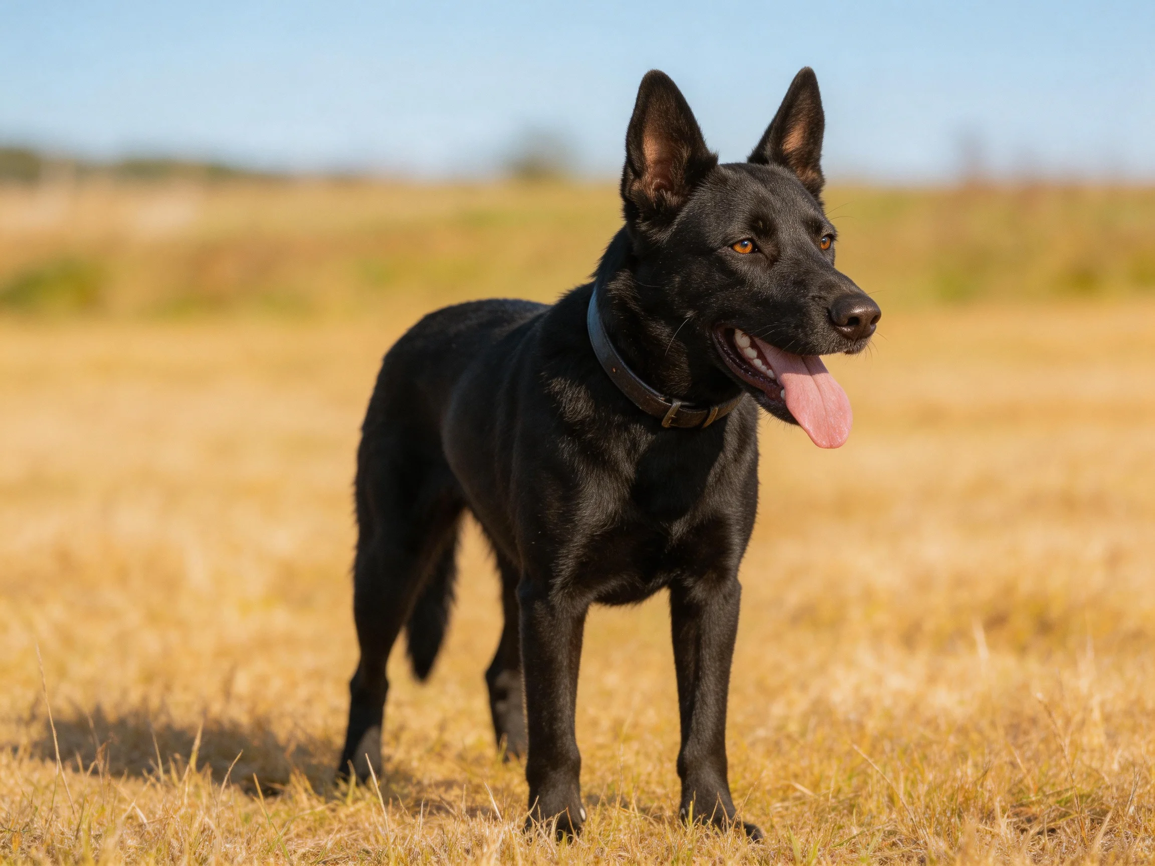 A sleek black dog stands alert in sunlit golden grassland.