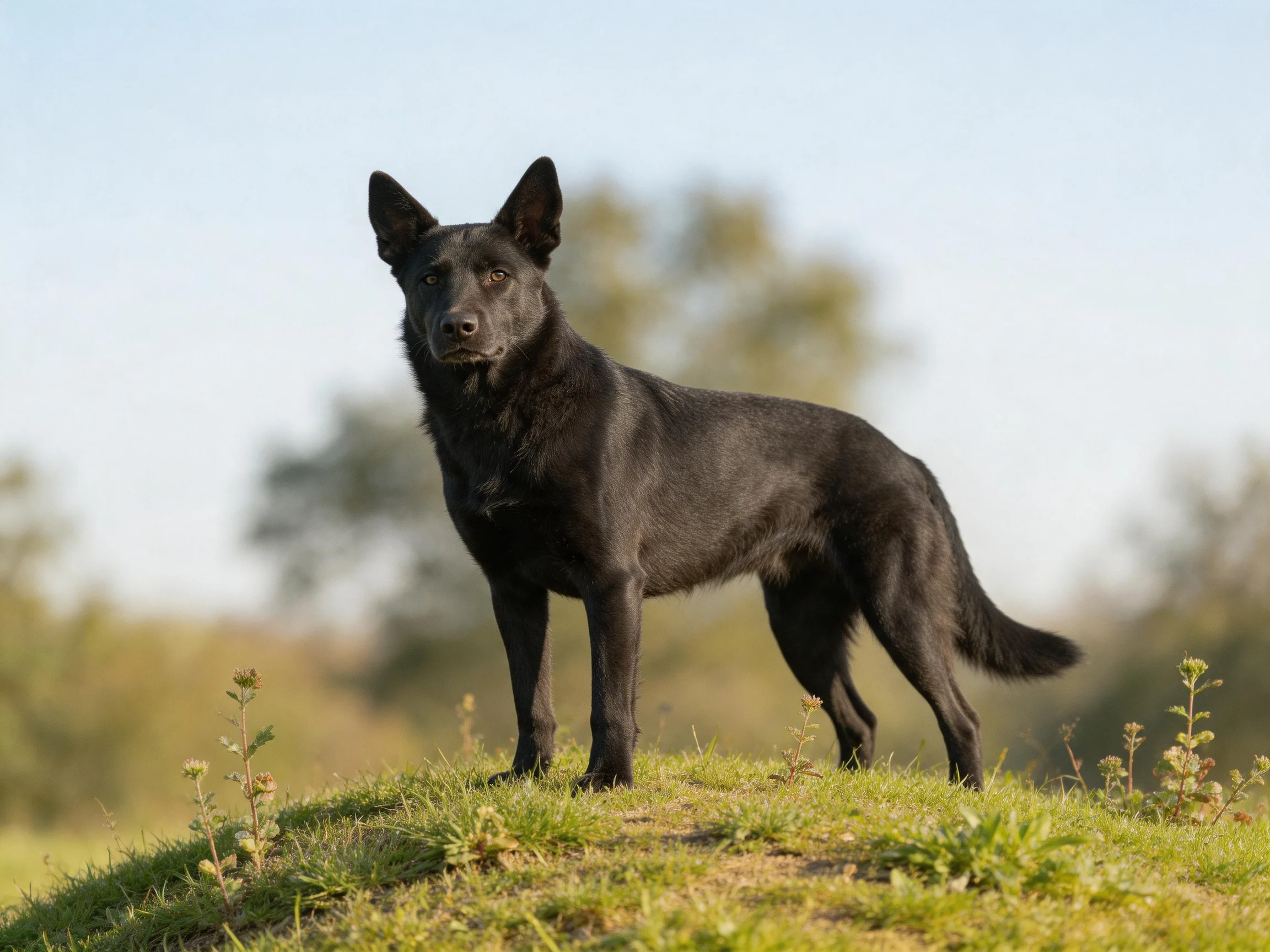 A sleek black dog stands on a grassy mound outdoors