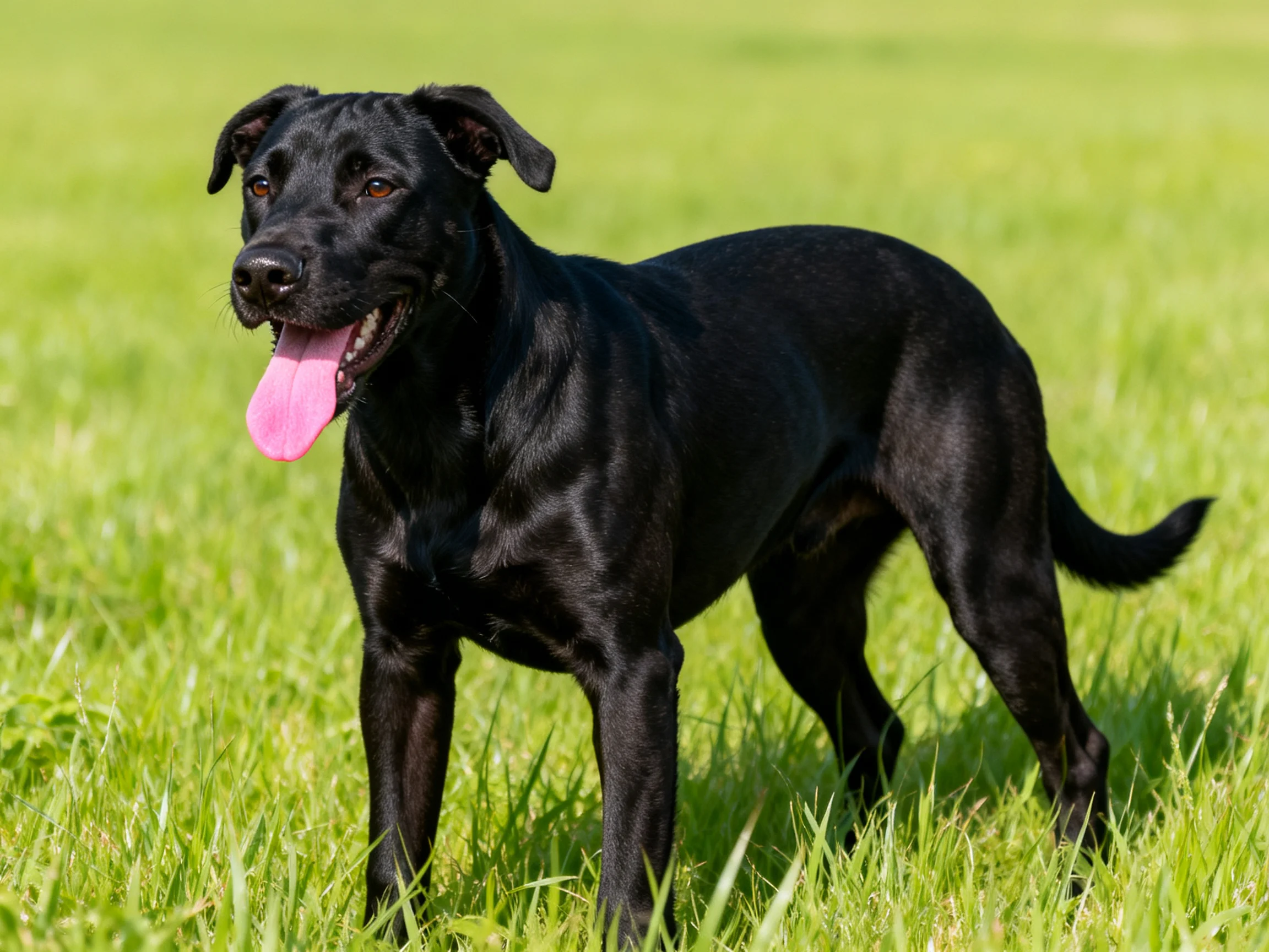A sleek black dog with a pink tongue stands in tall green grass