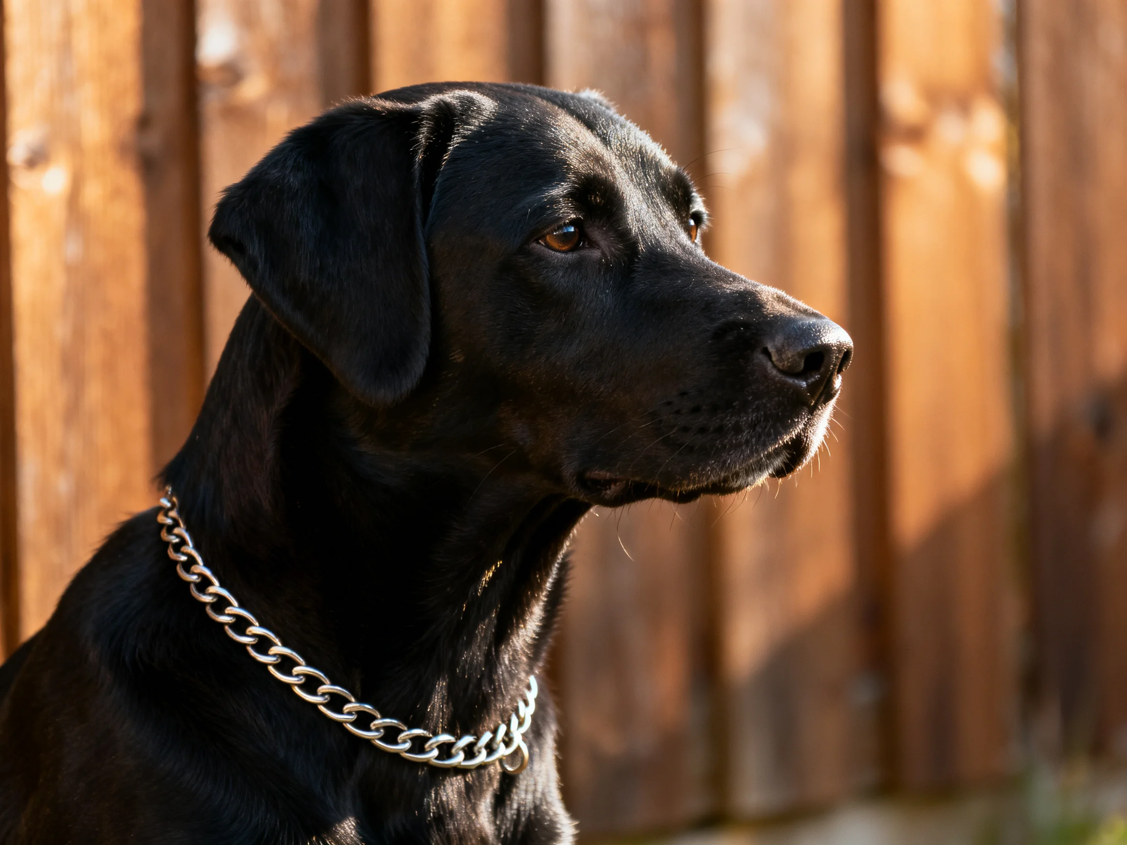 A sleek black dog with a silver chain near a wooden fence