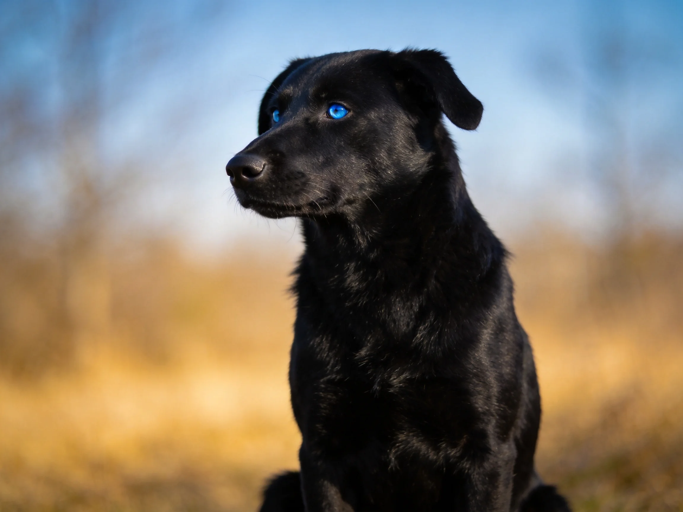 A black dog with striking blue eyes sits alertively in a sunlit outdoor setting.