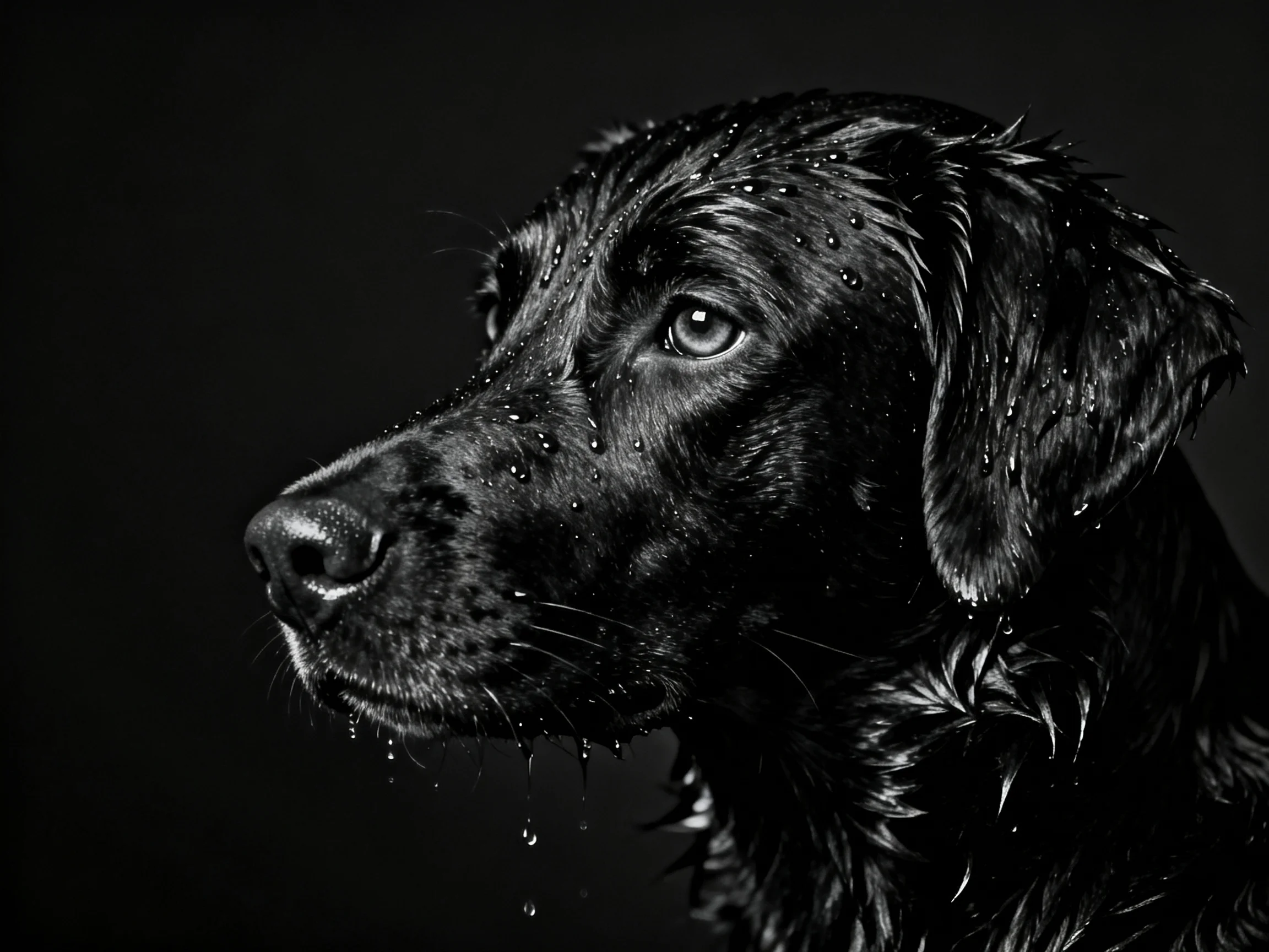 A sleek black dog with water droplets is depicted in a high-contrast dark scene.