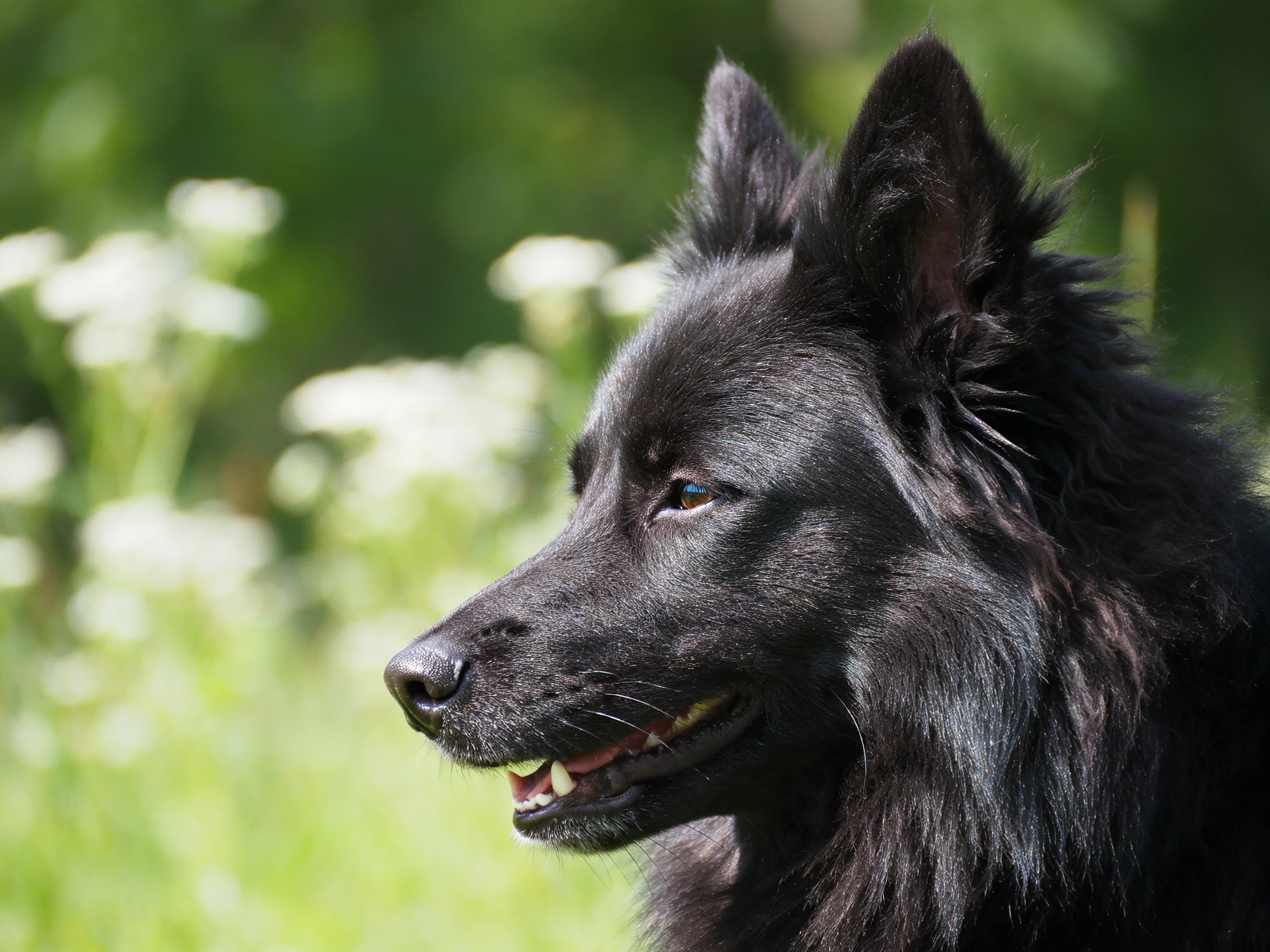 A sleek black dog stands in a sunlit meadow with blurred greenery and white flowers.