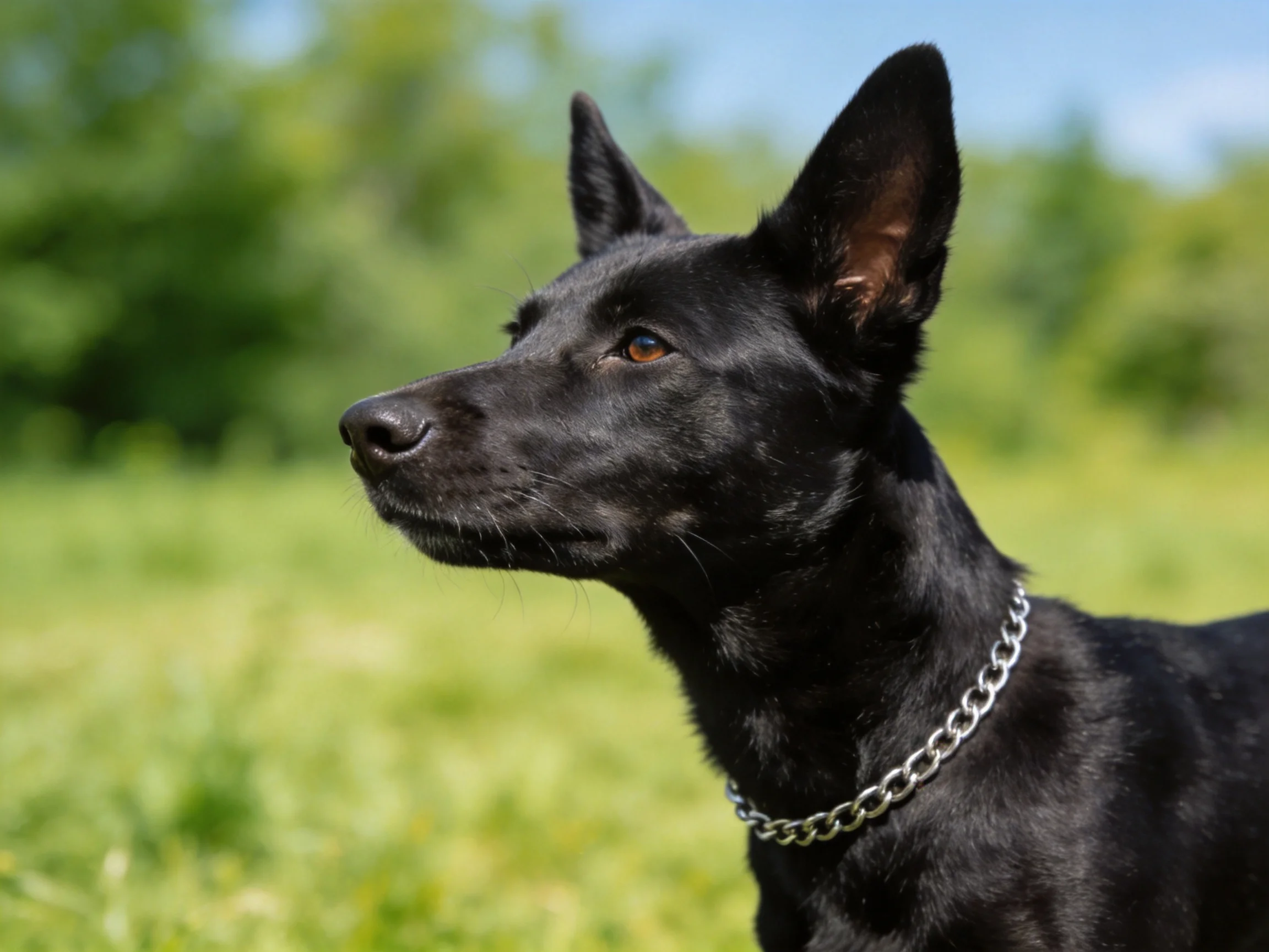 A sleek black dog with silver chain collar in a sunlit green field