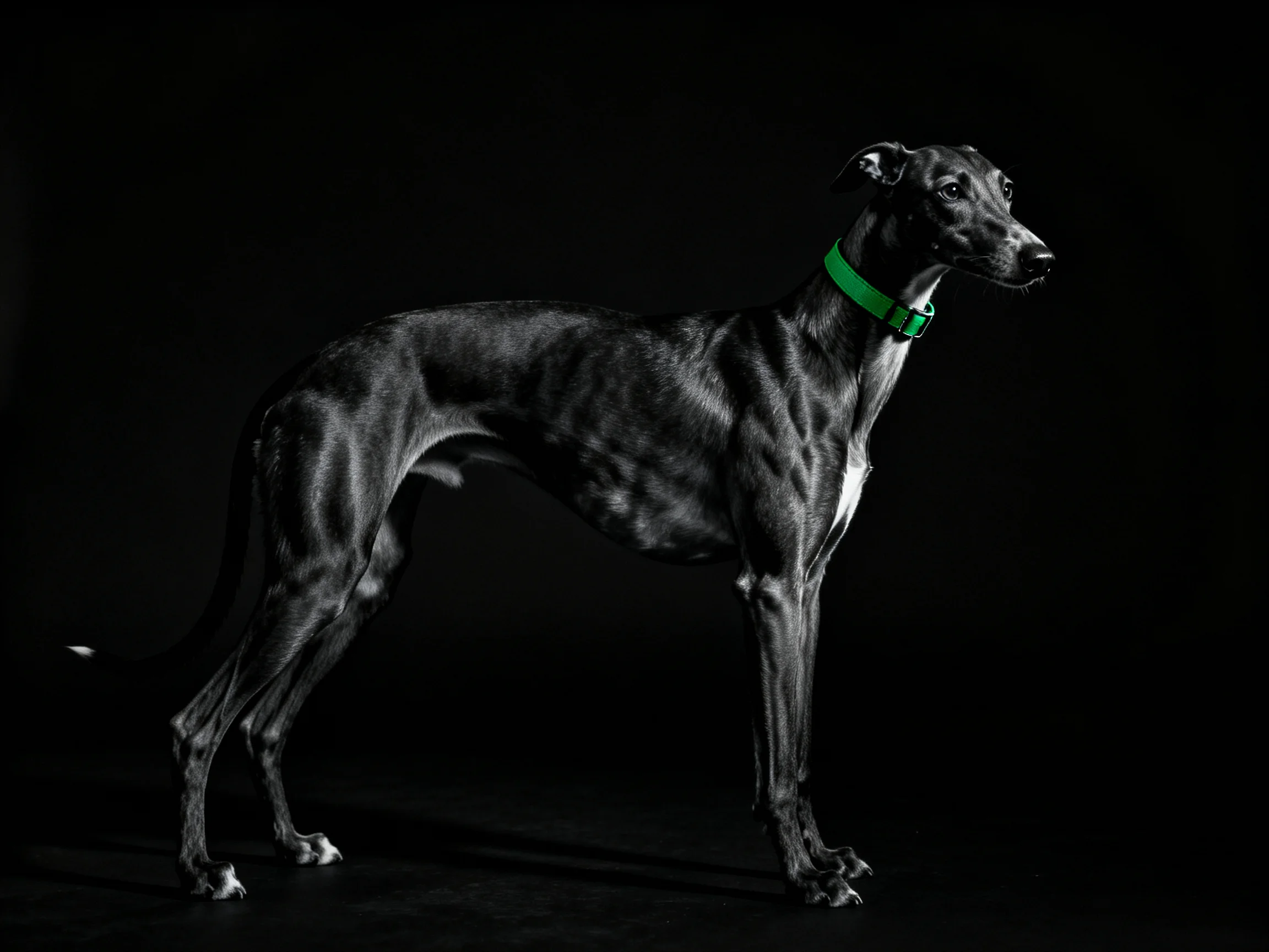 A sleek black greyhound with a vibrant green collar stands against a dark backdrop