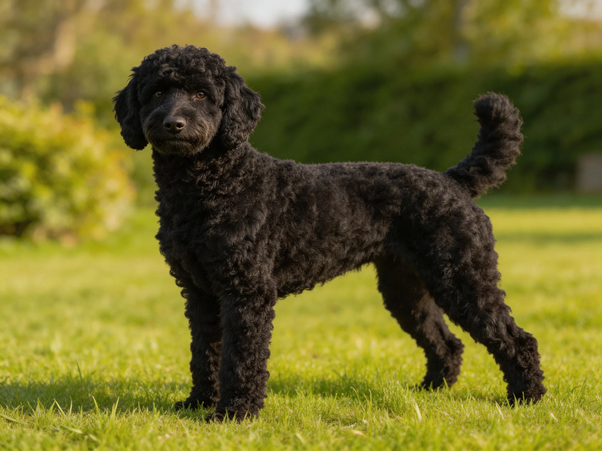 A sleek black poodle stands alert on lush green grass