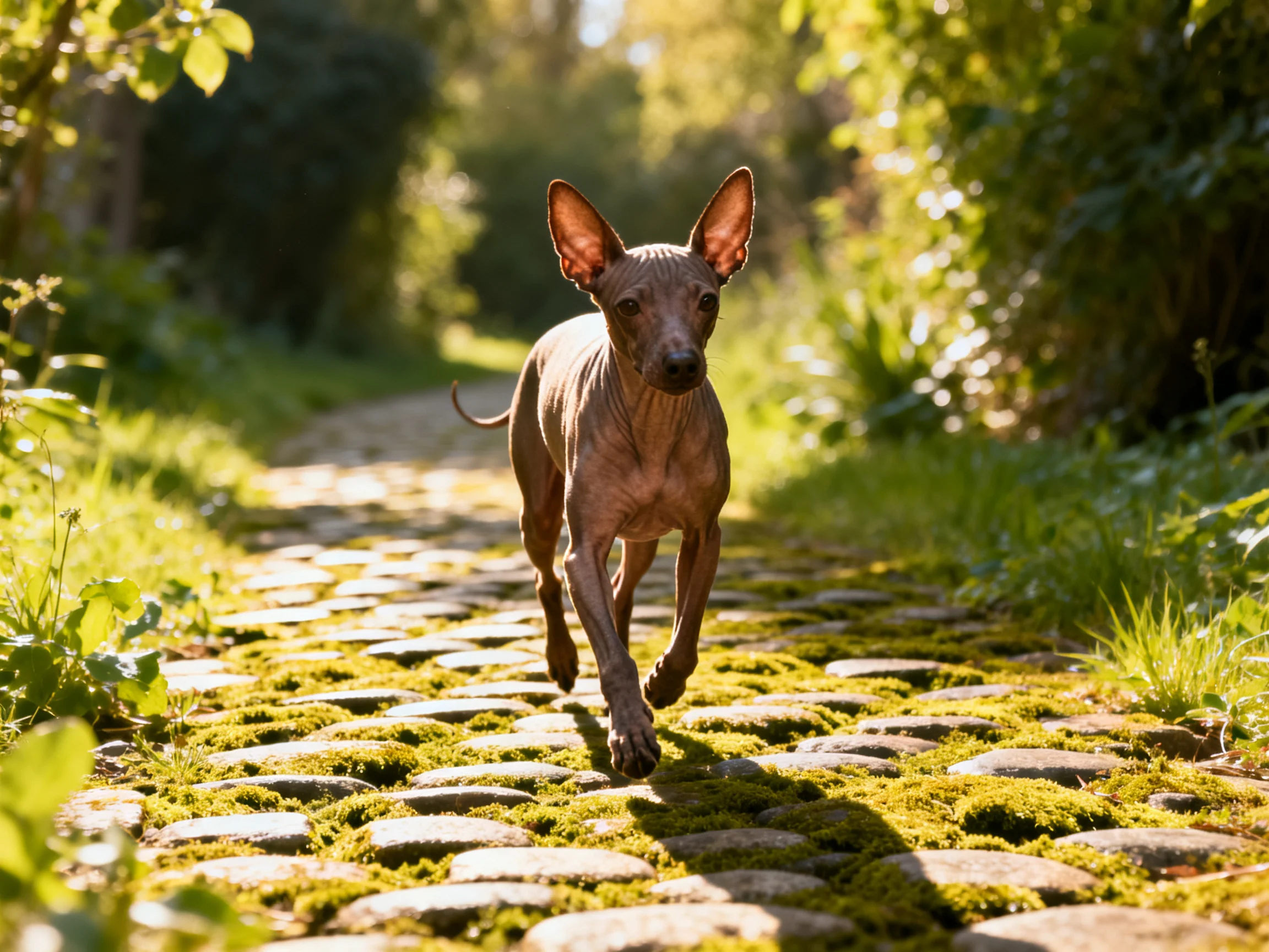 A sleek brown dog dashes on moss-covered cobblestones through greenery