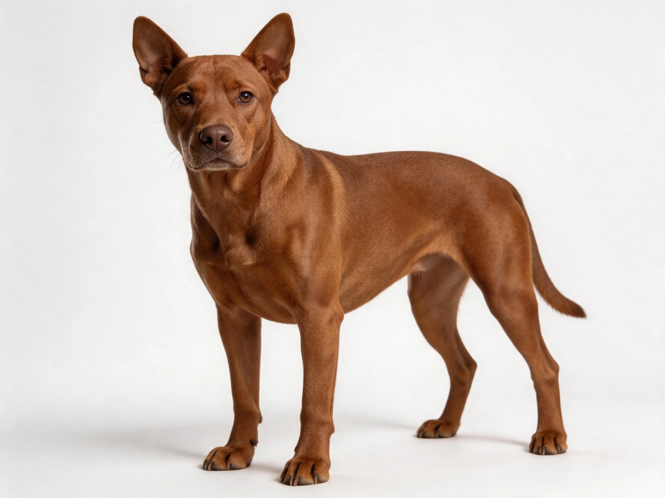 A sleek brown dog stands alert against a plain white backdrop