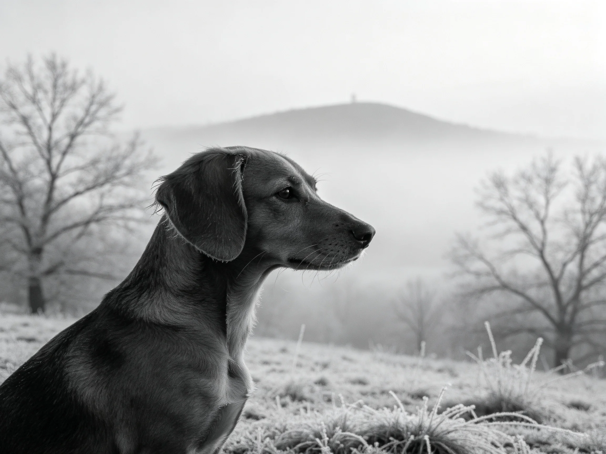 A sleek dachshund gazes toward a misty, frost-covered countryside