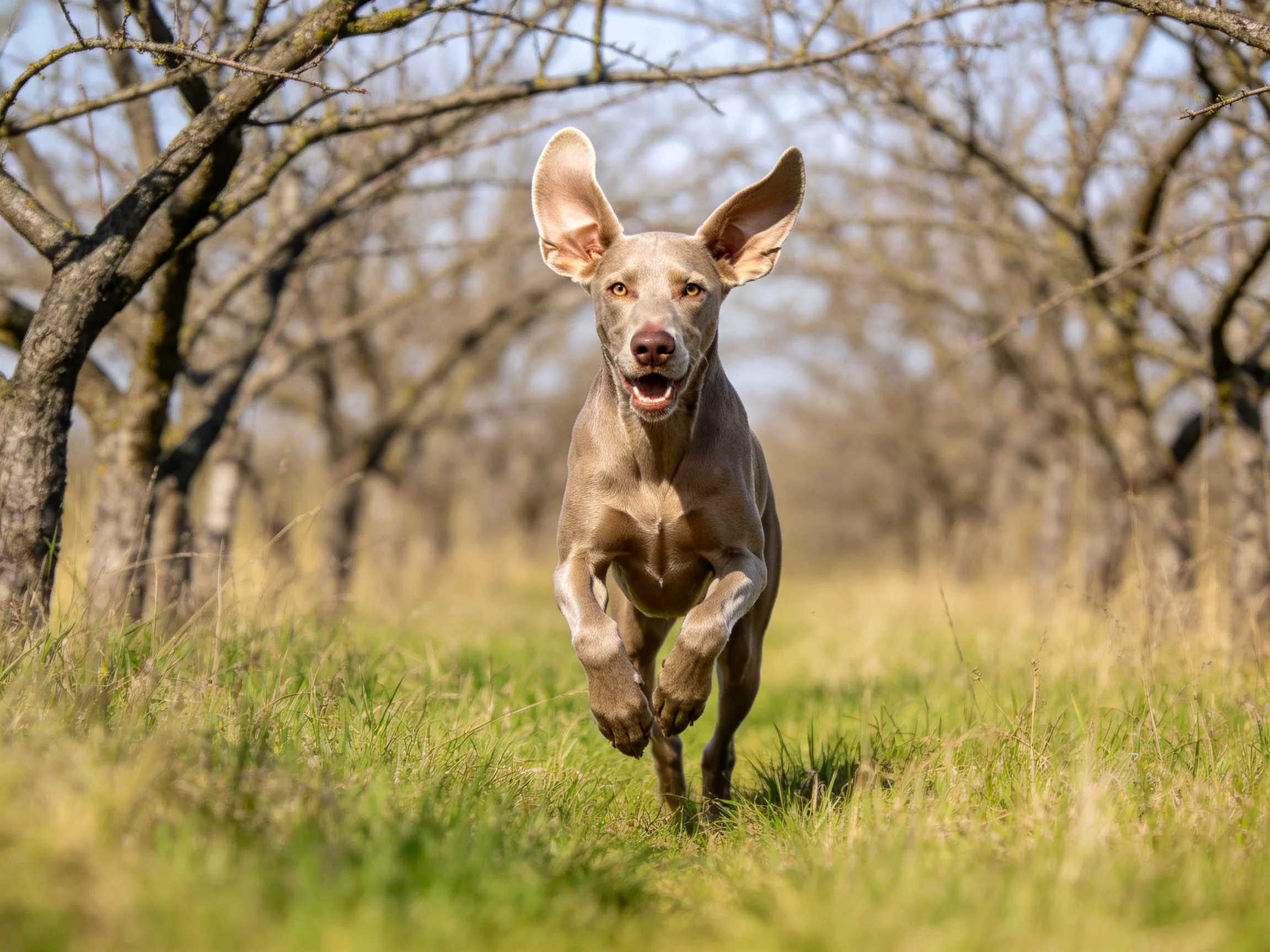 A sleek gray Weimaraner runs through a sunlit grassy orchard