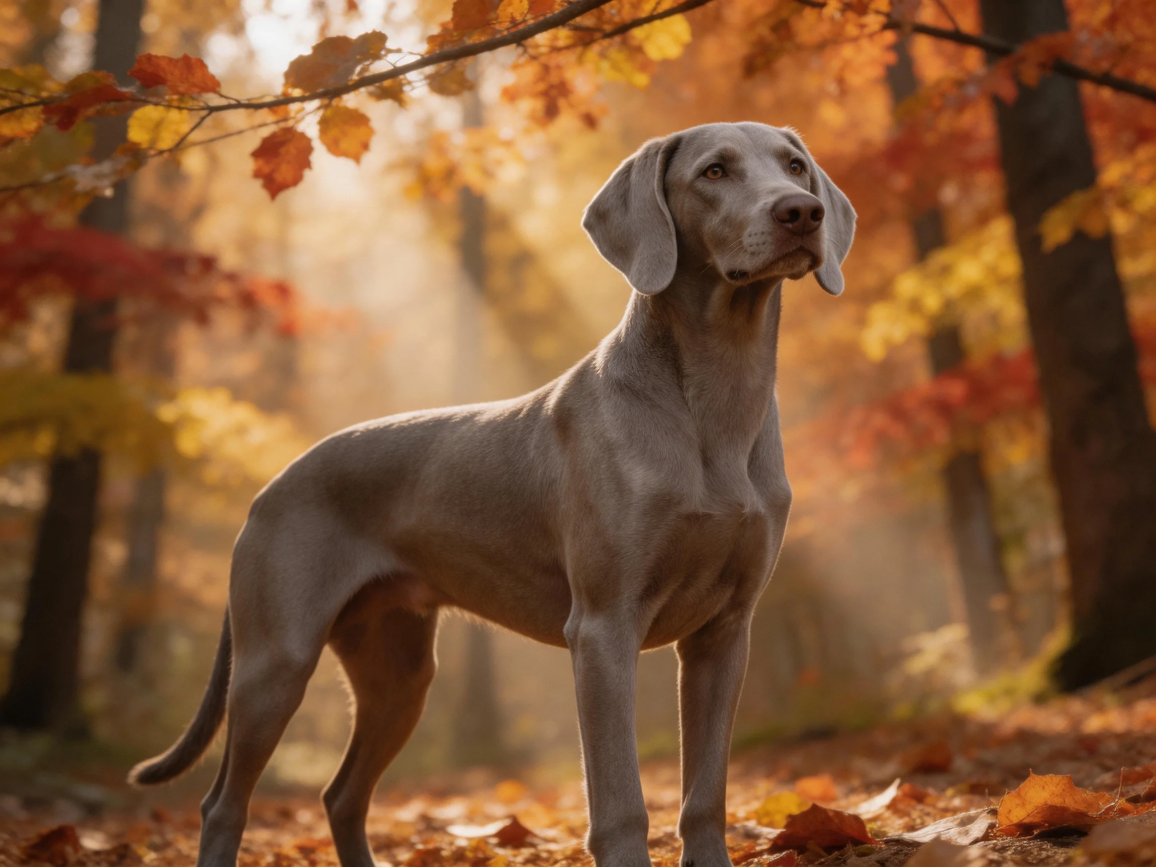 A sleek gray Weimaraner stands amid vibrant fall foliage in a sun-dappled forest