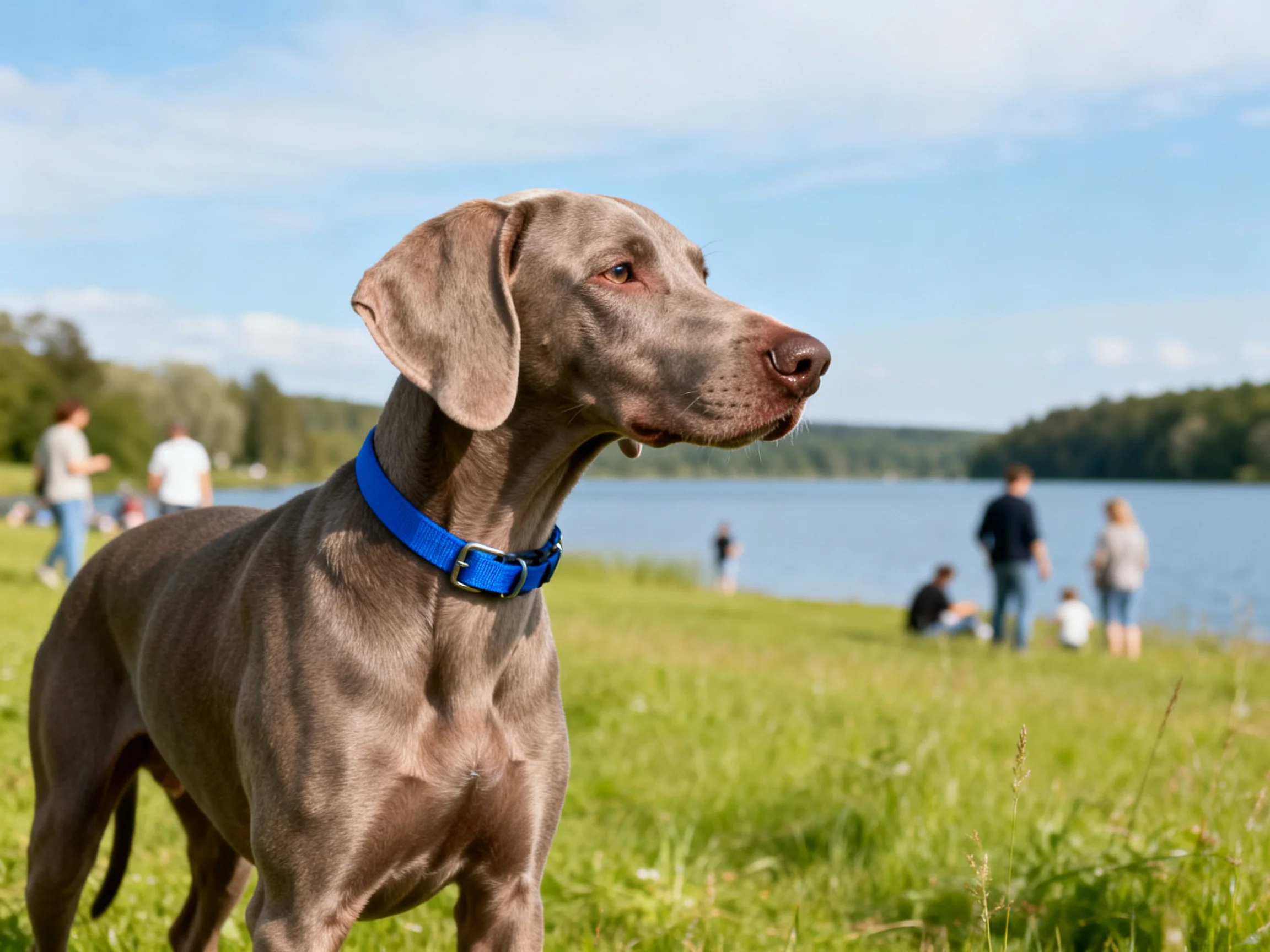 A sleek gray Weimaraner with a bright blue collar by a serene lakeside