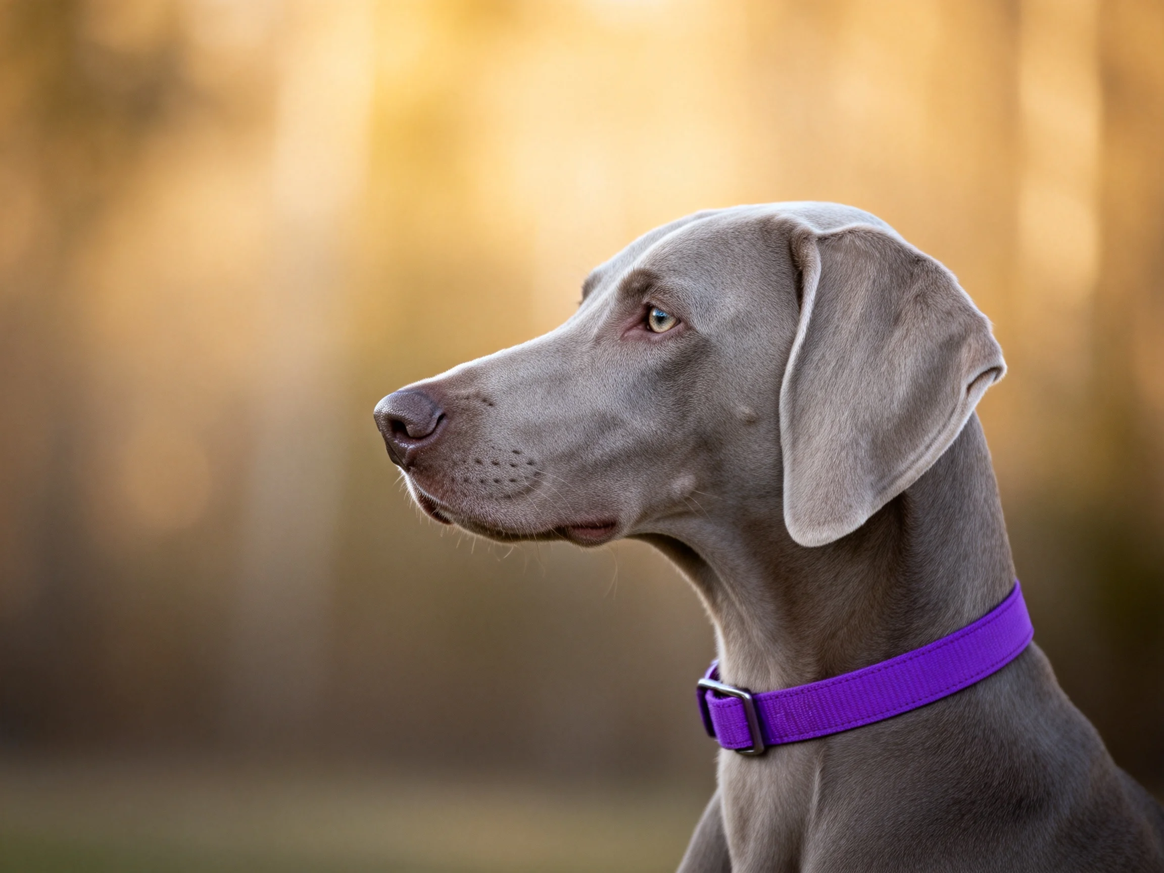 A sleek gray Weimaraner with a bright purple collar outdoors
