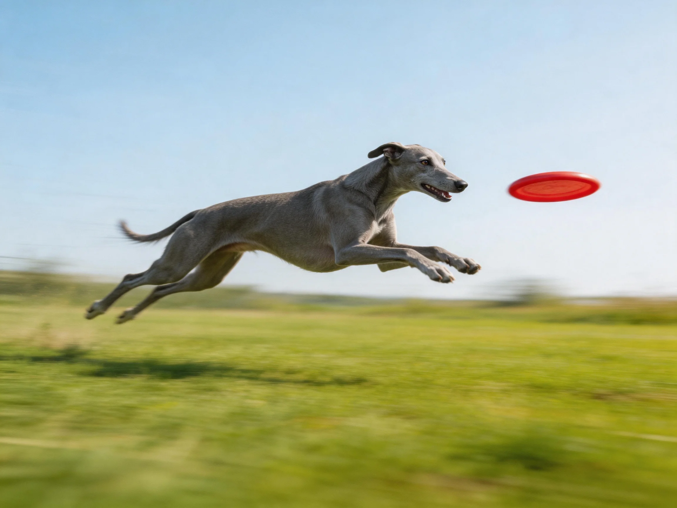 A sleek gray dog leaps toward a bright red frisbee in an open green field