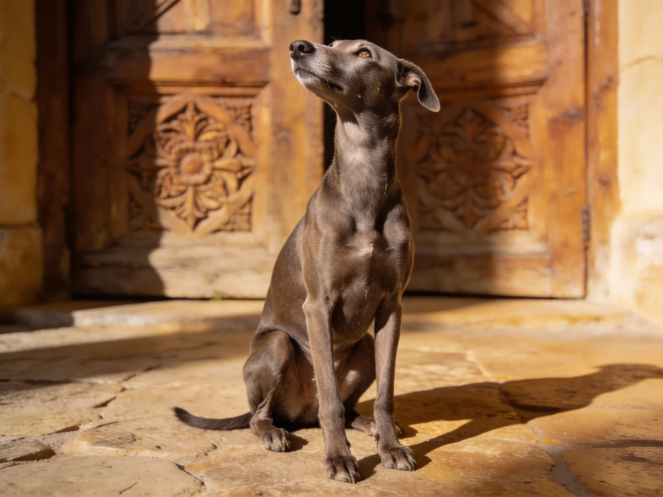 A sleek gray dog sits near ornate carved wooden doors