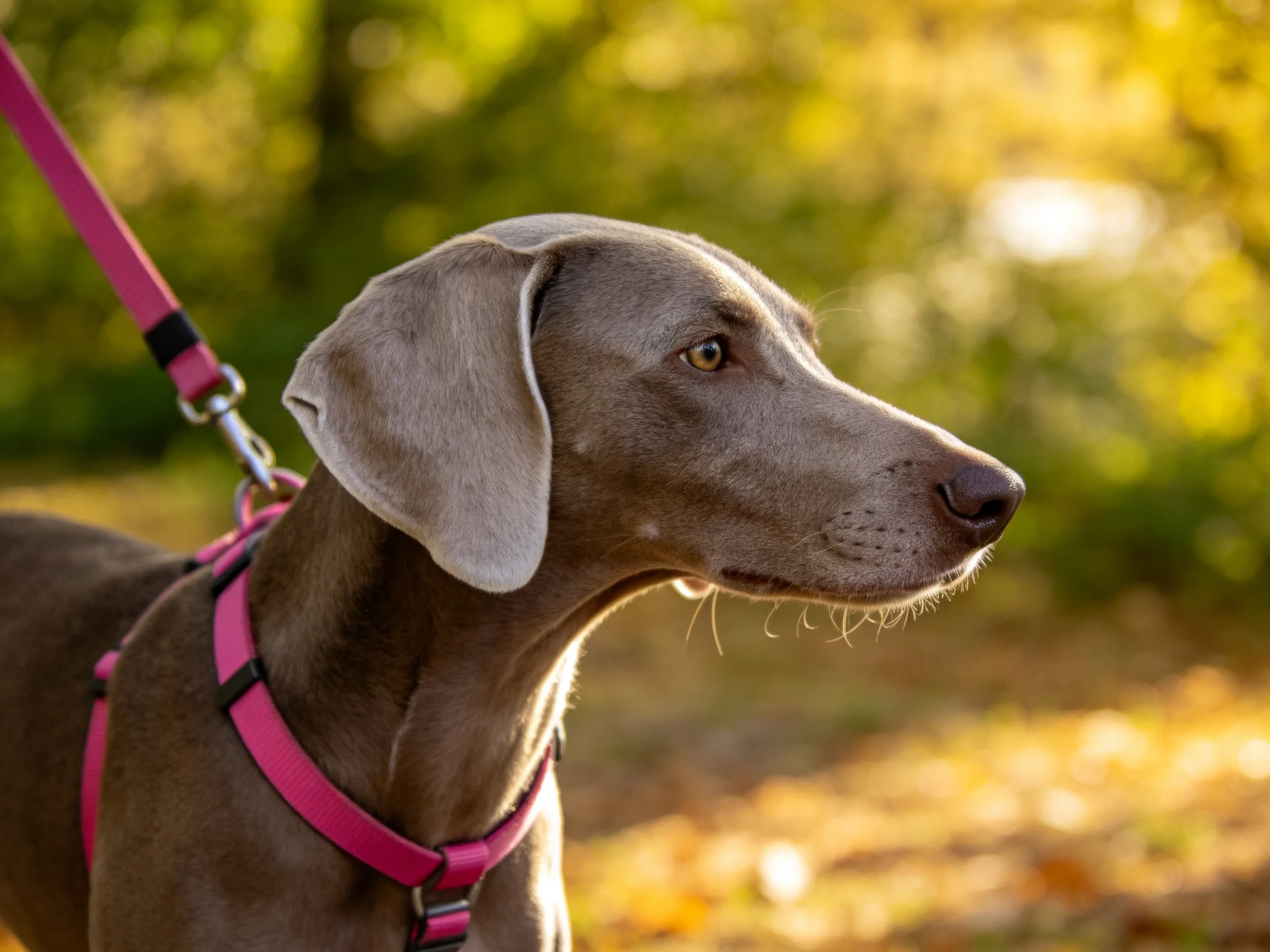 A sleek gray dog wearing a pink harness in a sunlit park