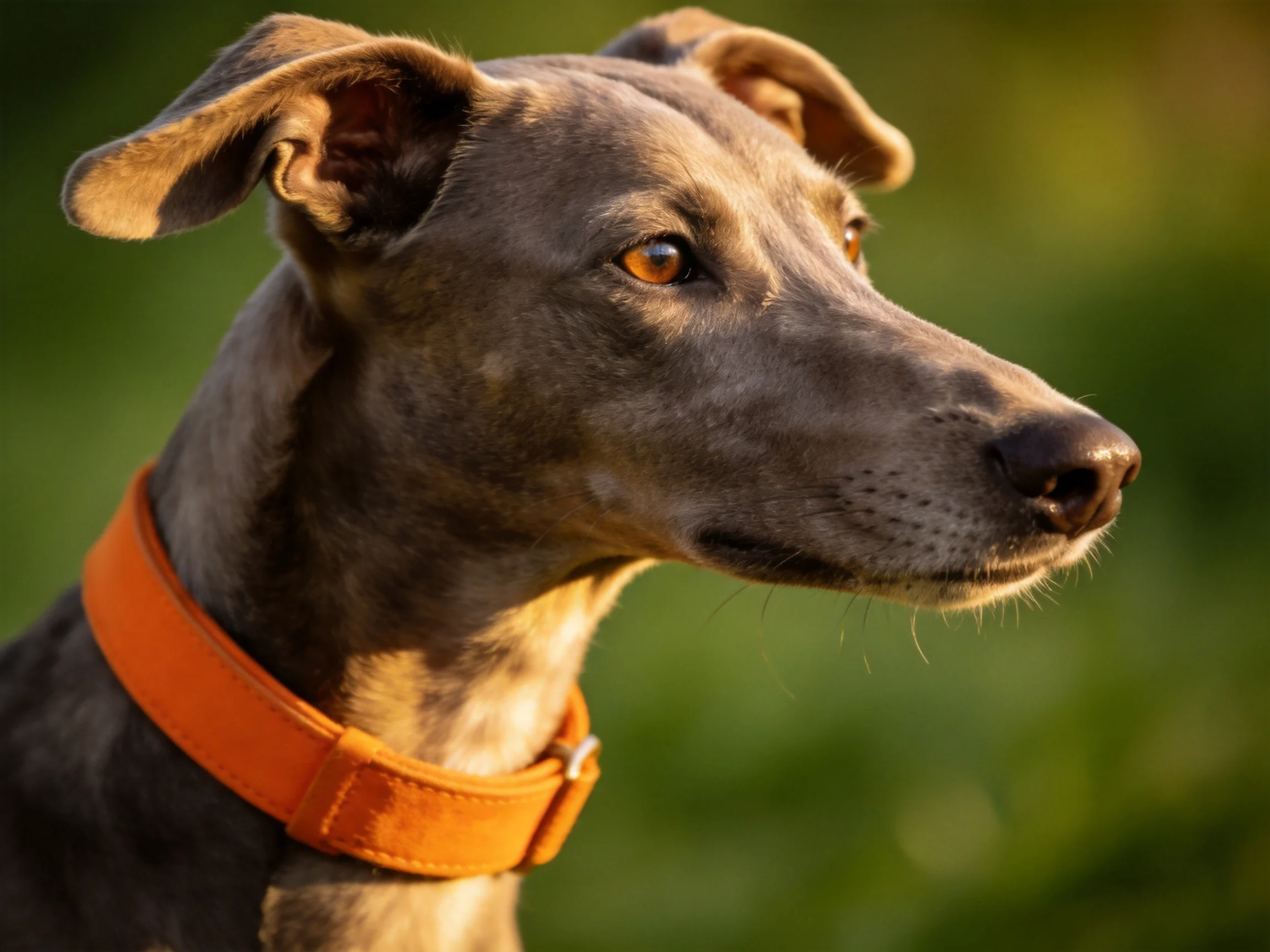 A sleek gray dog with an orange collar in a sunlit outdoor setting