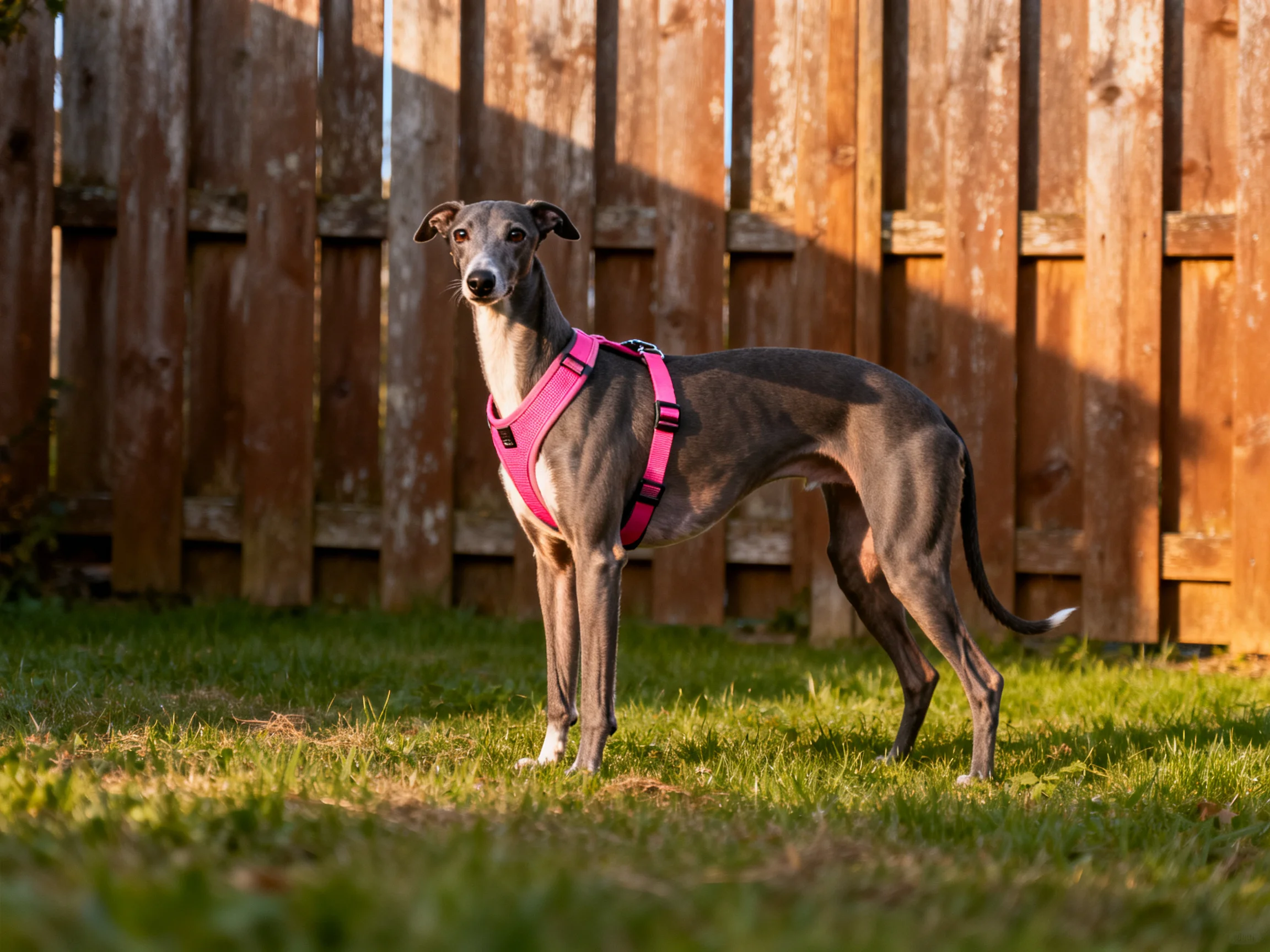 A sleek gray whippet wearing a bright pink harness stands near a weathered wooden fence