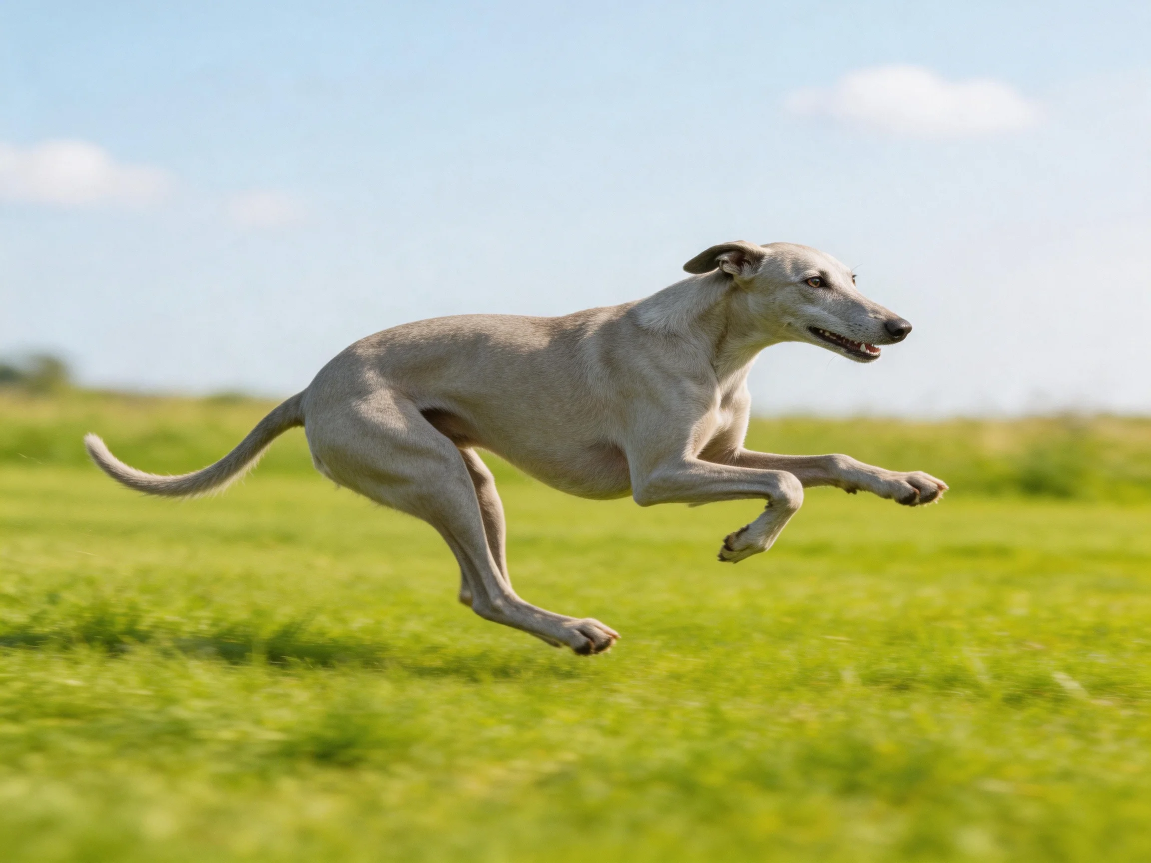 A sleek grey dog leaps through a vibrant green meadow