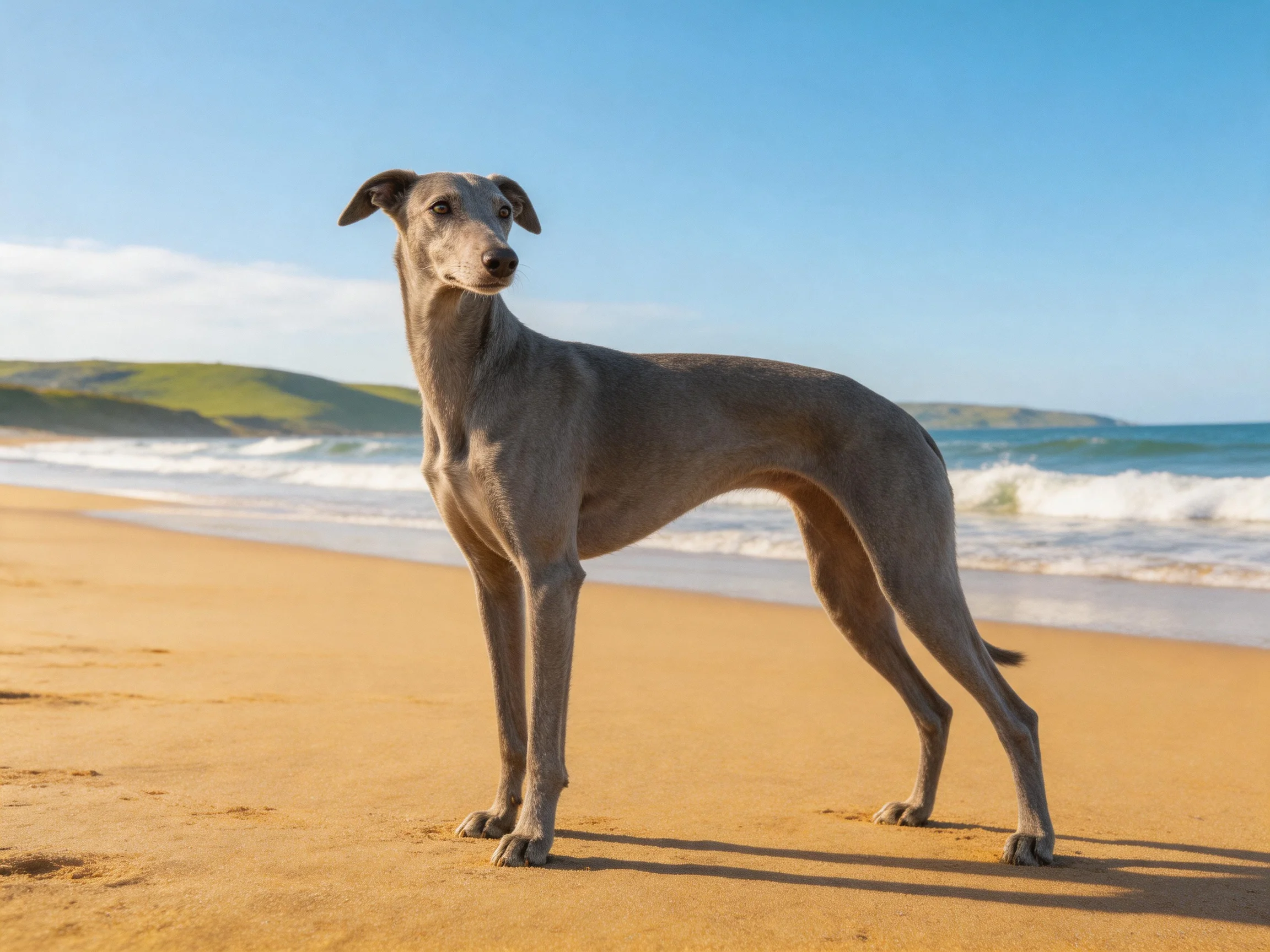A grey dog stands on a sandy beach with ocean waves in the distance.