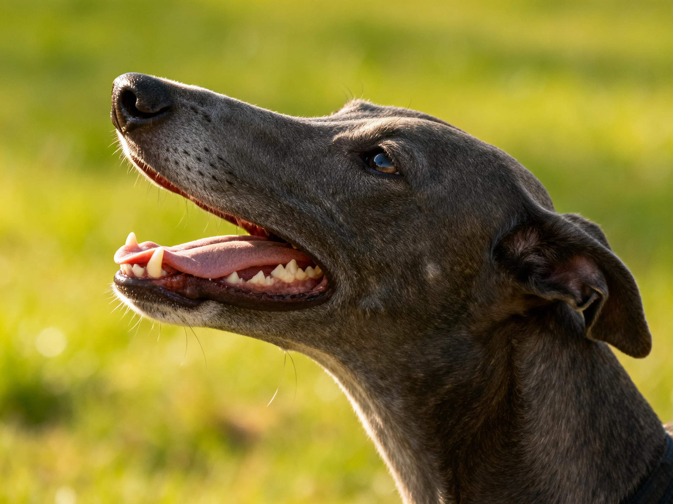 A sleek grey dog with open mouth in sunlit grassy field