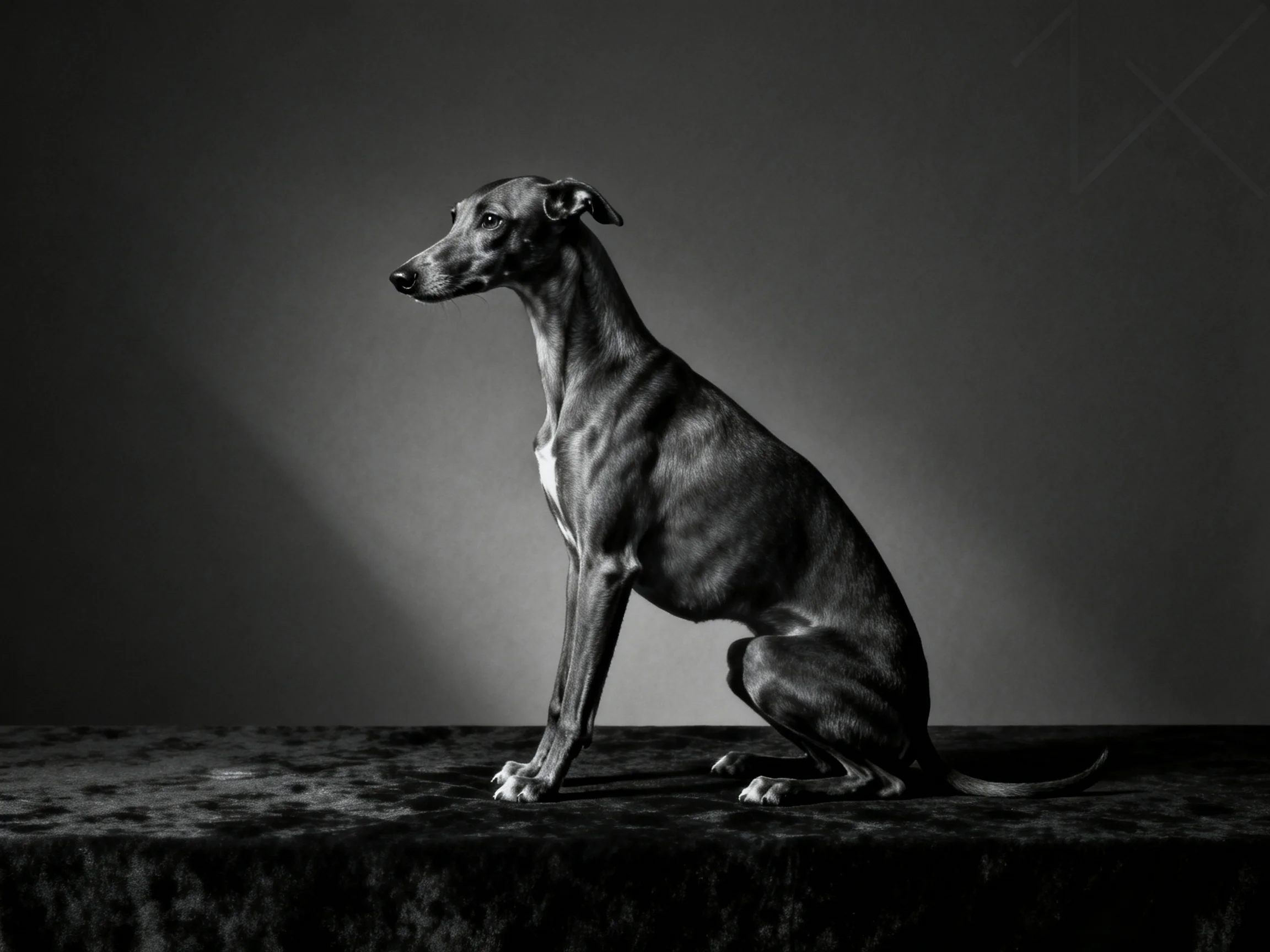 A sleek greyhound sits in dramatic monochrome lighting