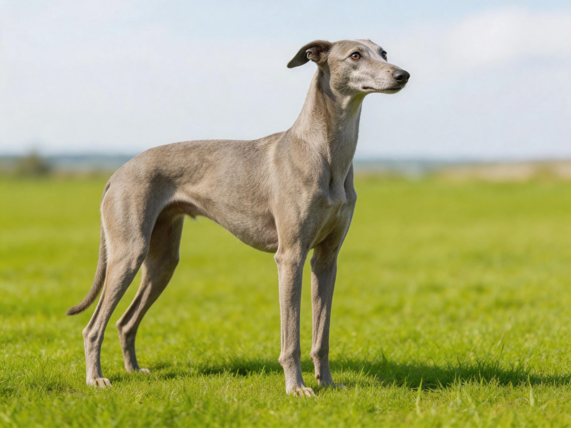 A sleek greyhound stands alert on a lush green field