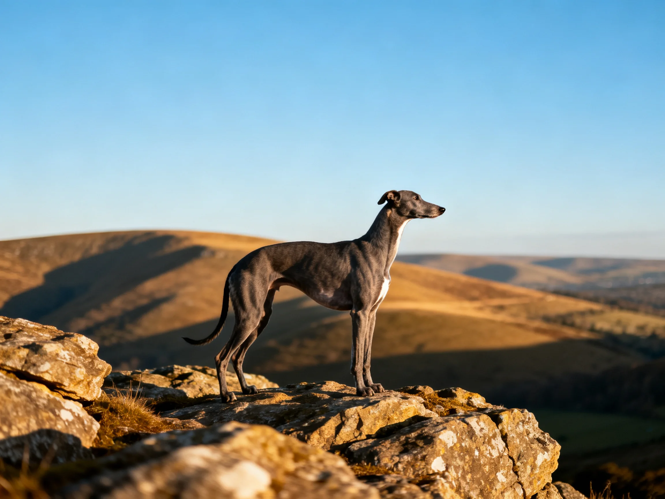 A sleek greyhound stands atop rocky terrain with rolling golden hills