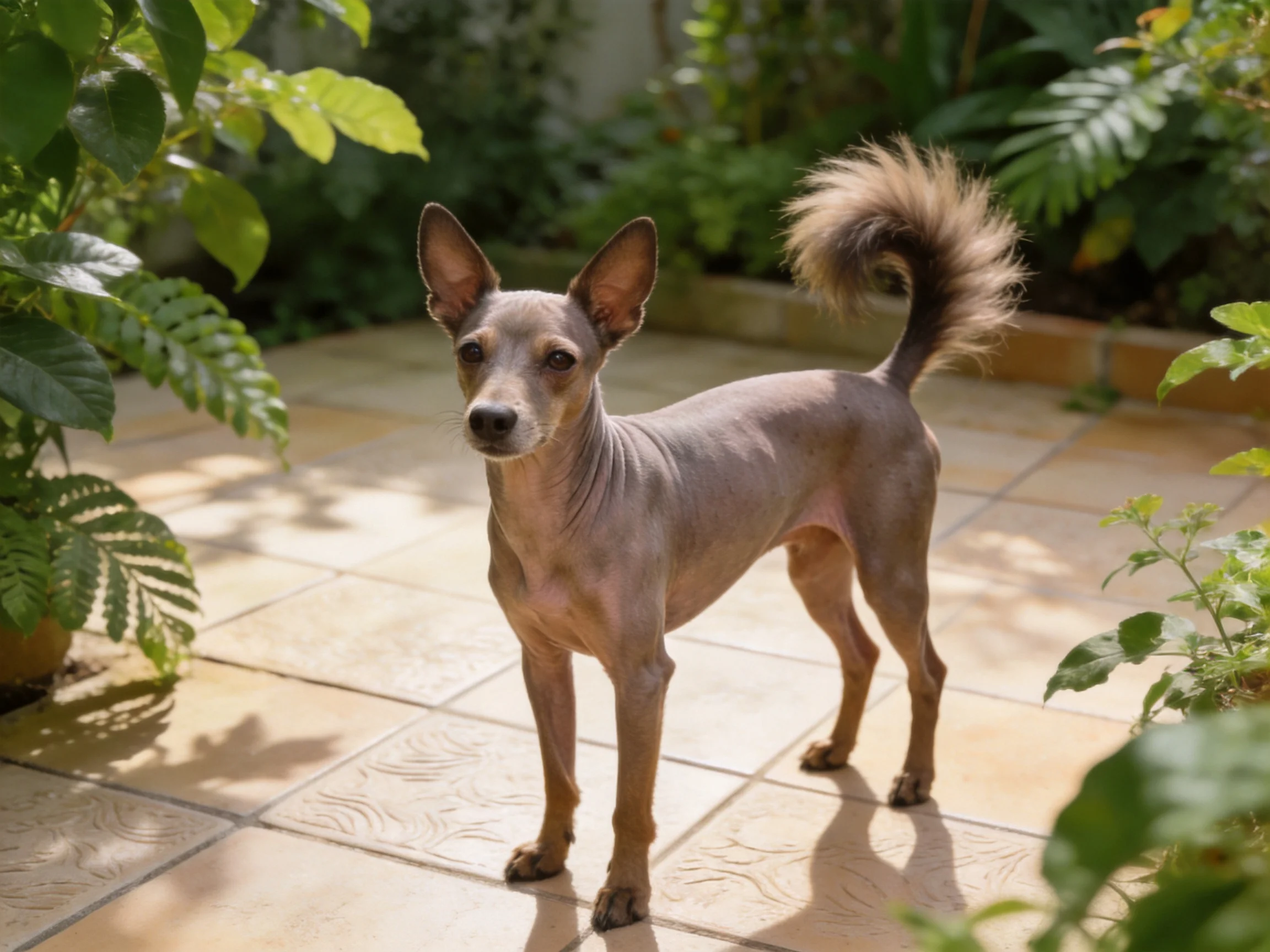 A sleek hairless dog on a tiled patio with lush greenery