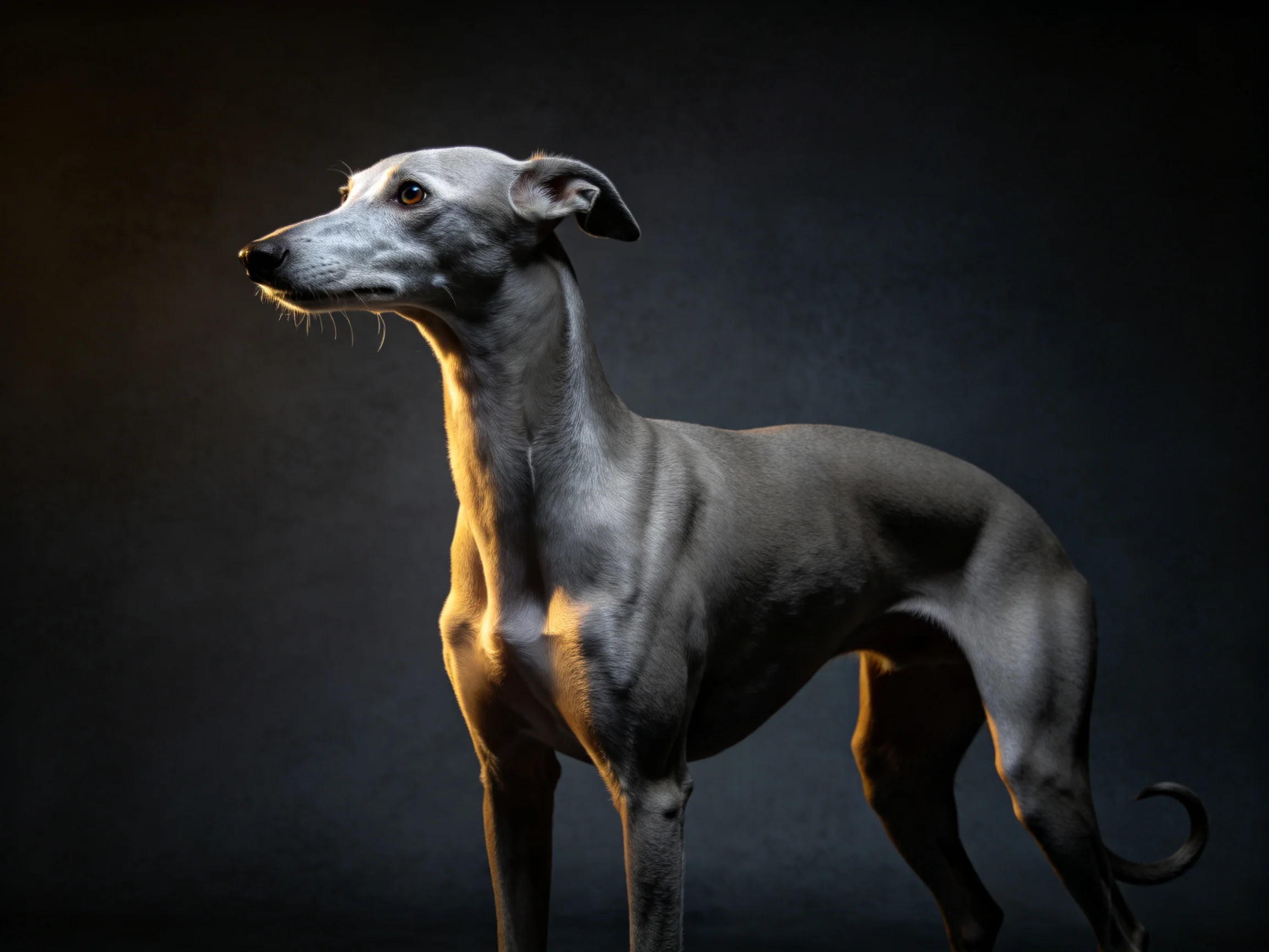 A sleek silver dog illuminated by warm golden light on dark backdrop