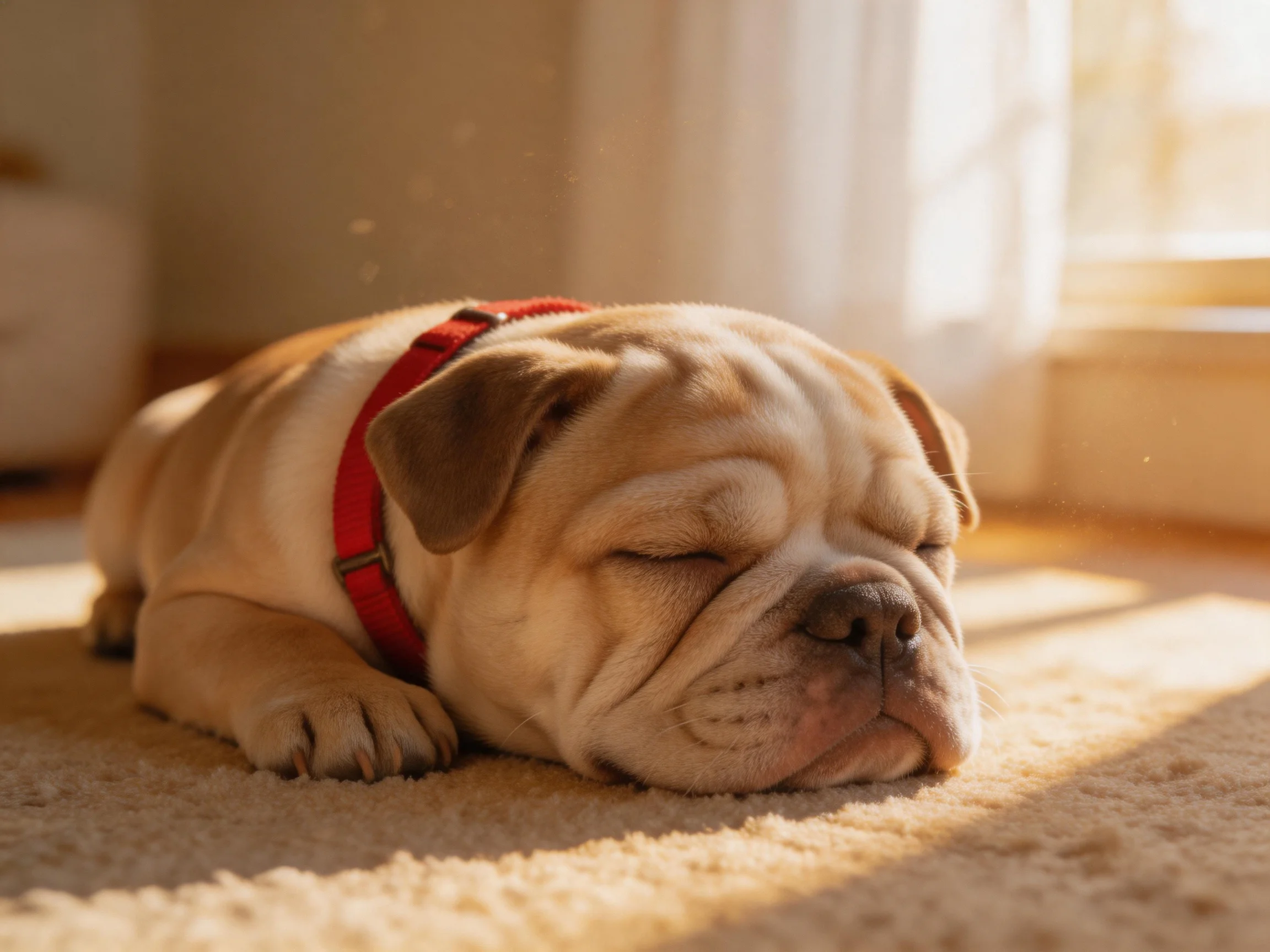 A sleepy bulldog puppy resting on a beige carpet with a red harness