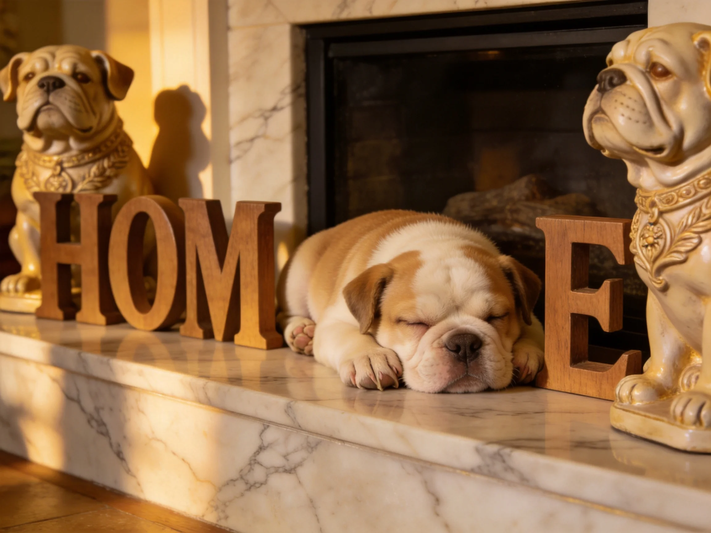 A sleepy bulldog puppy rests near golden dog statues and wooden HOME letters on a marble mantel
