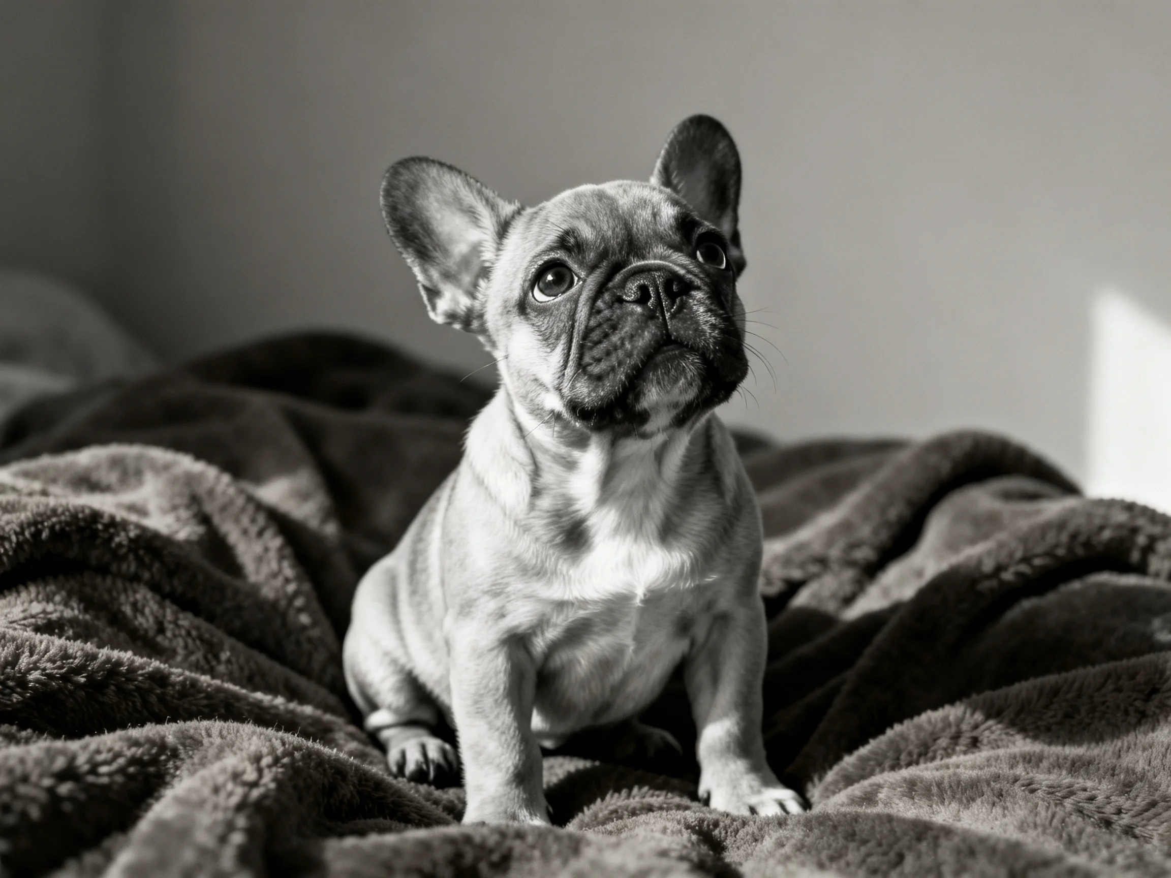 A small French bulldog puppy sitting on a soft dark blanket