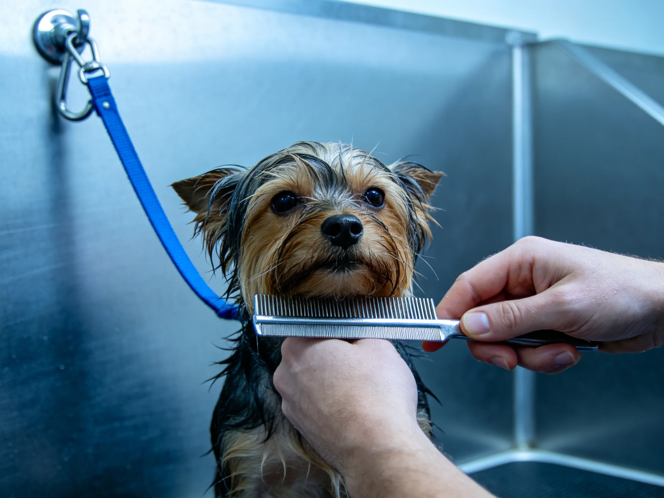 A small Yorkshire Terrier being combed with a silver brush near a blue leash