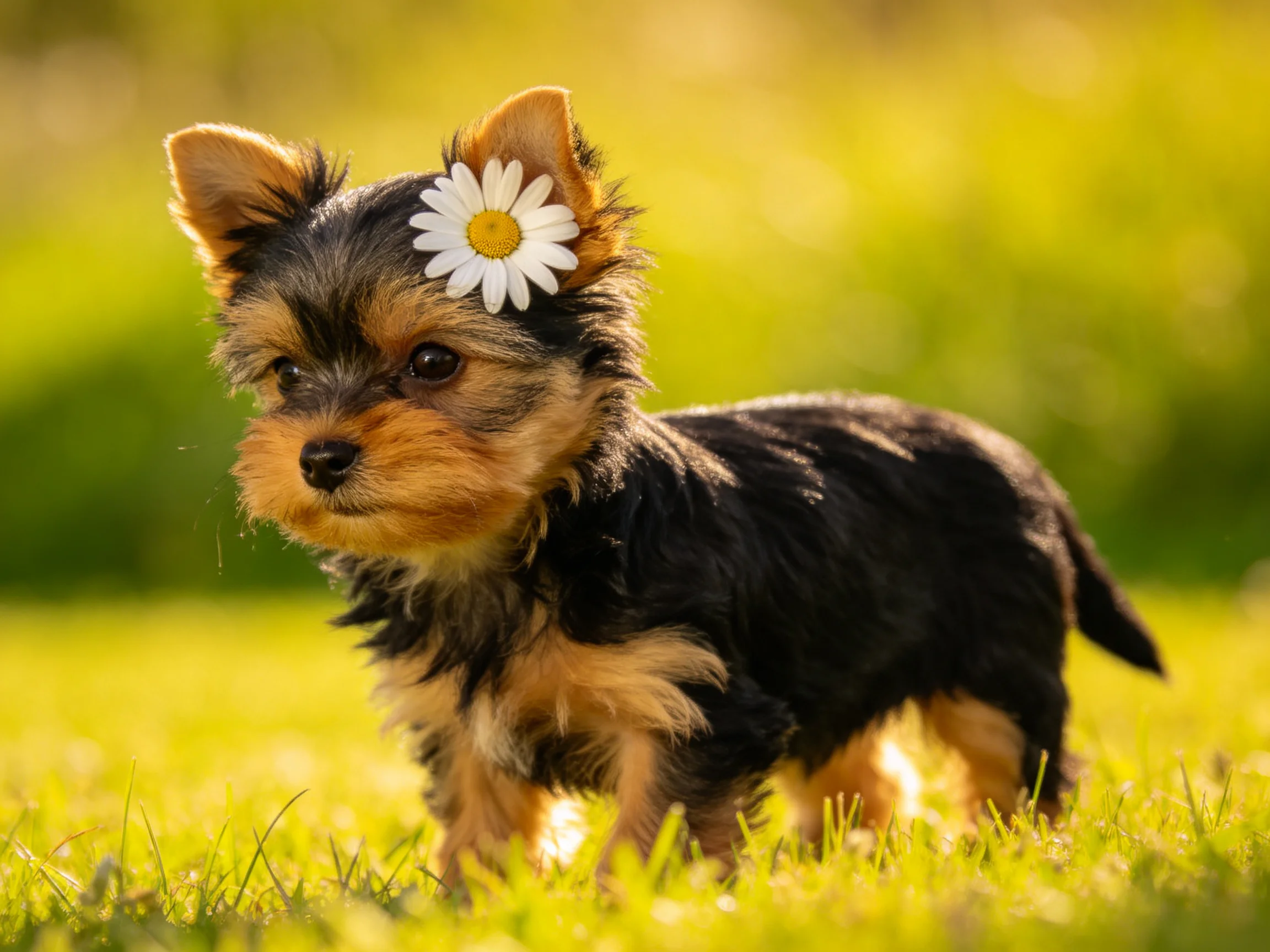 A small Yorkshire Terrier puppy with a white daisy on black-and-tan fur in a sunlit meadow