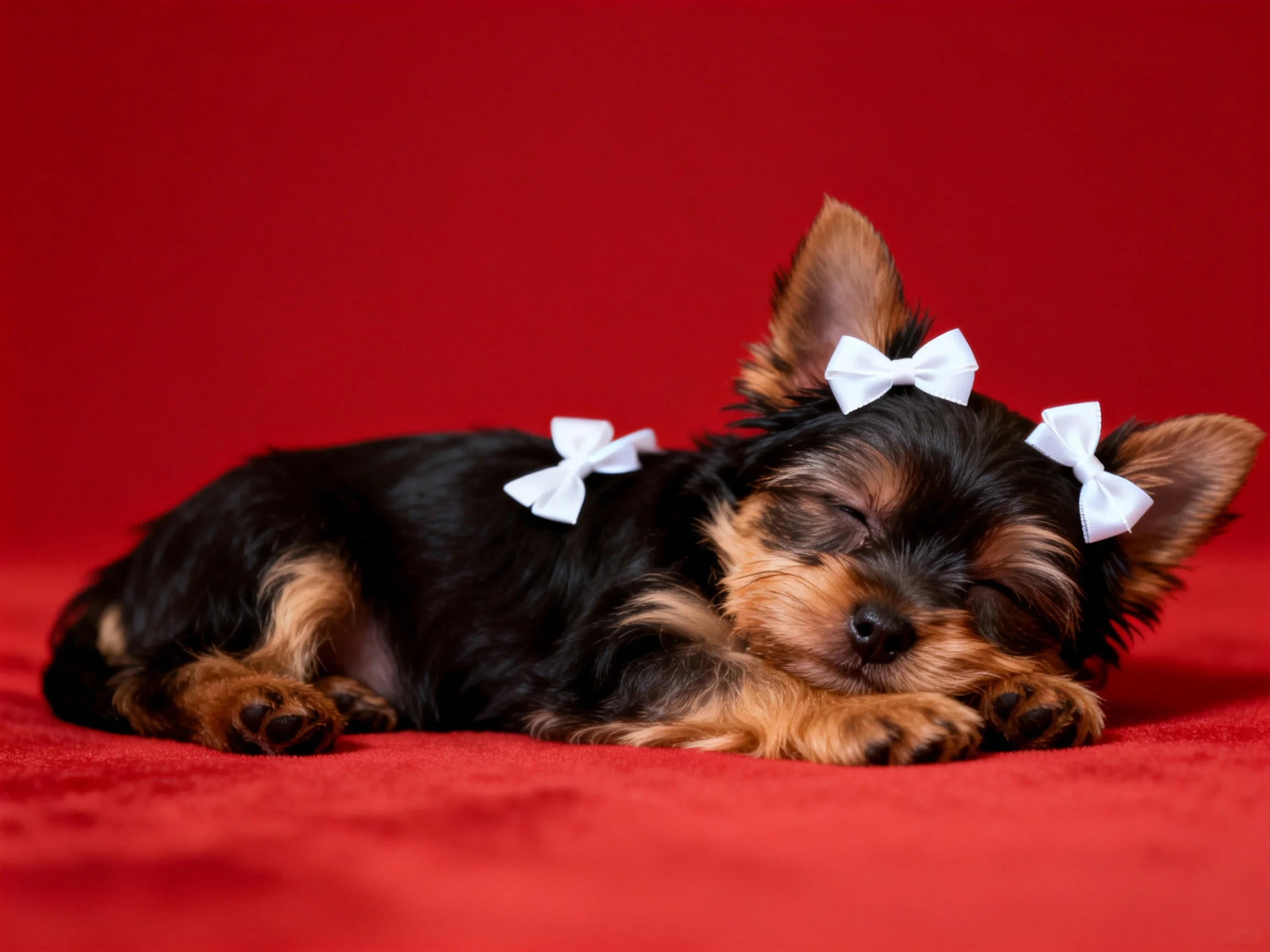 A small Yorkshire Terrier puppy with three white bows rests on a red fabric