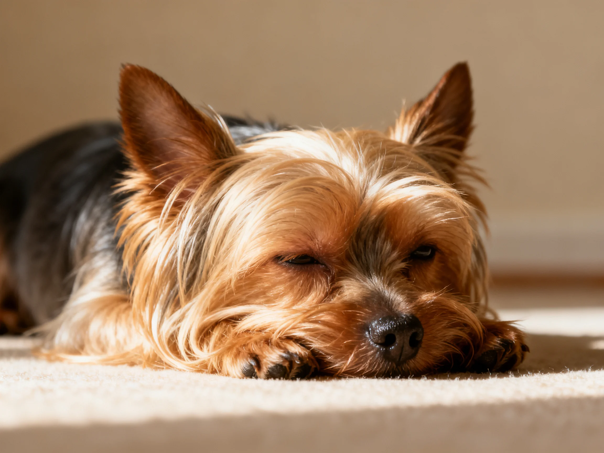 A small Yorkshire Terrier rests on a beige carpet in warm sunlight