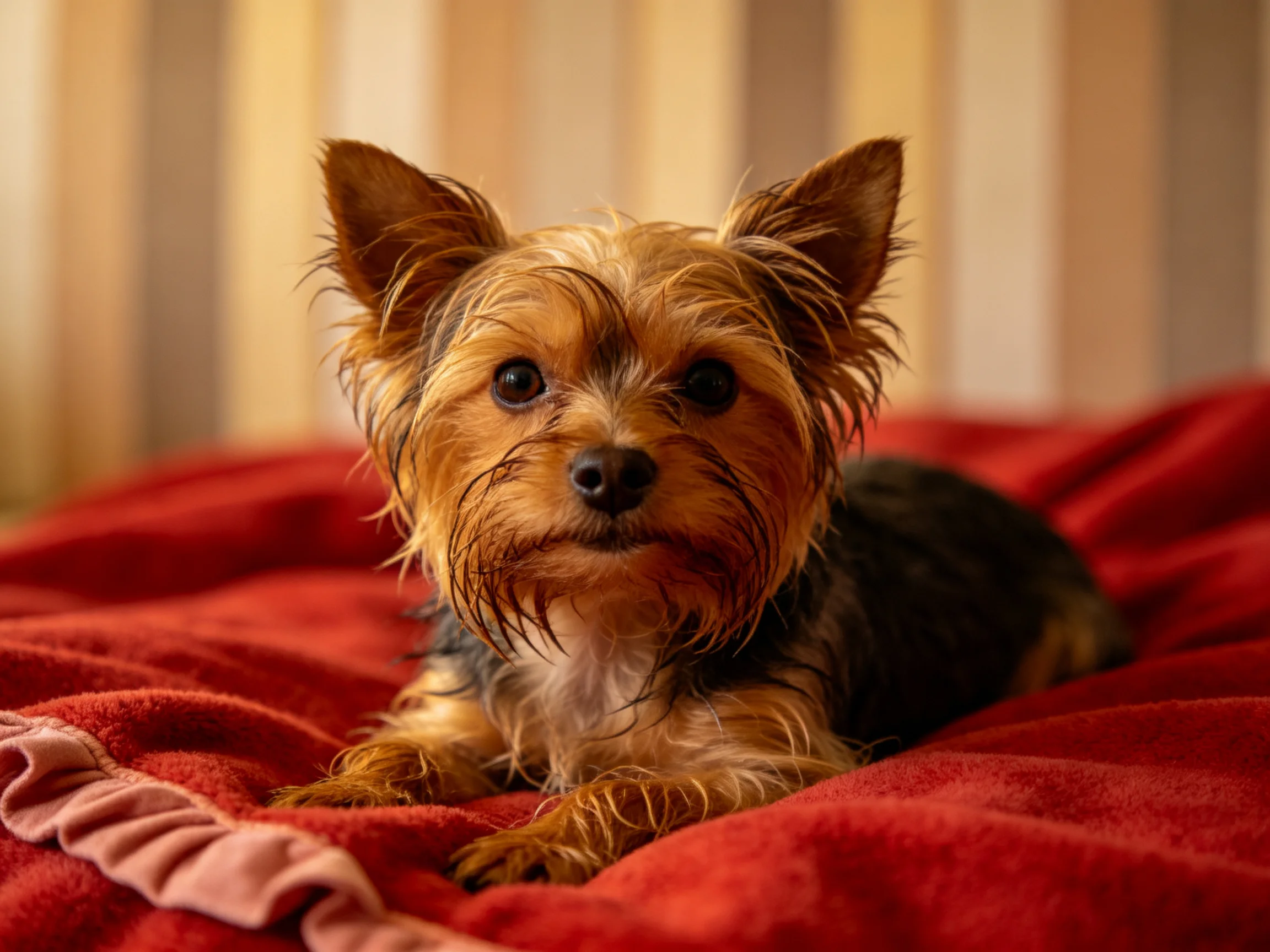 A small Yorkshire Terrier rests on a plush red blanket against striped wallpaper