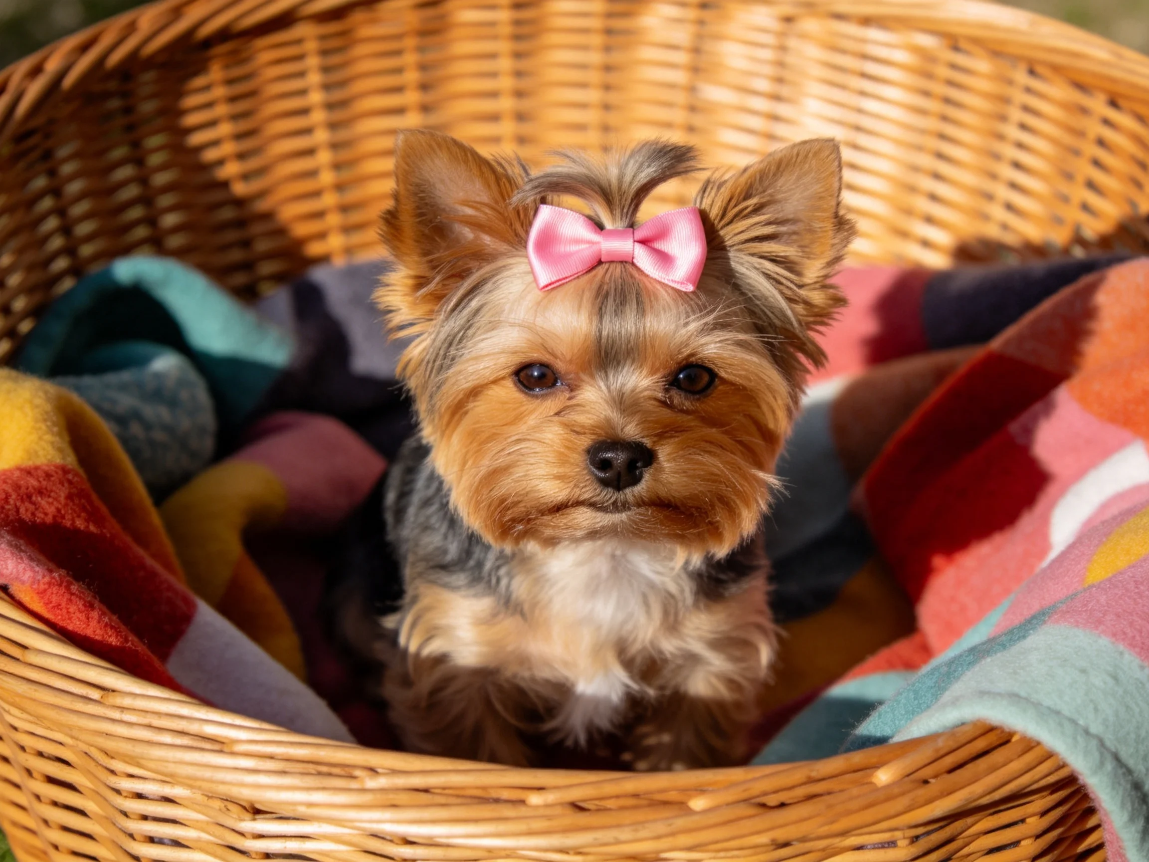 A small Yorkshire Terrier with a pink bow sits in a wicker basket among colorful blankets