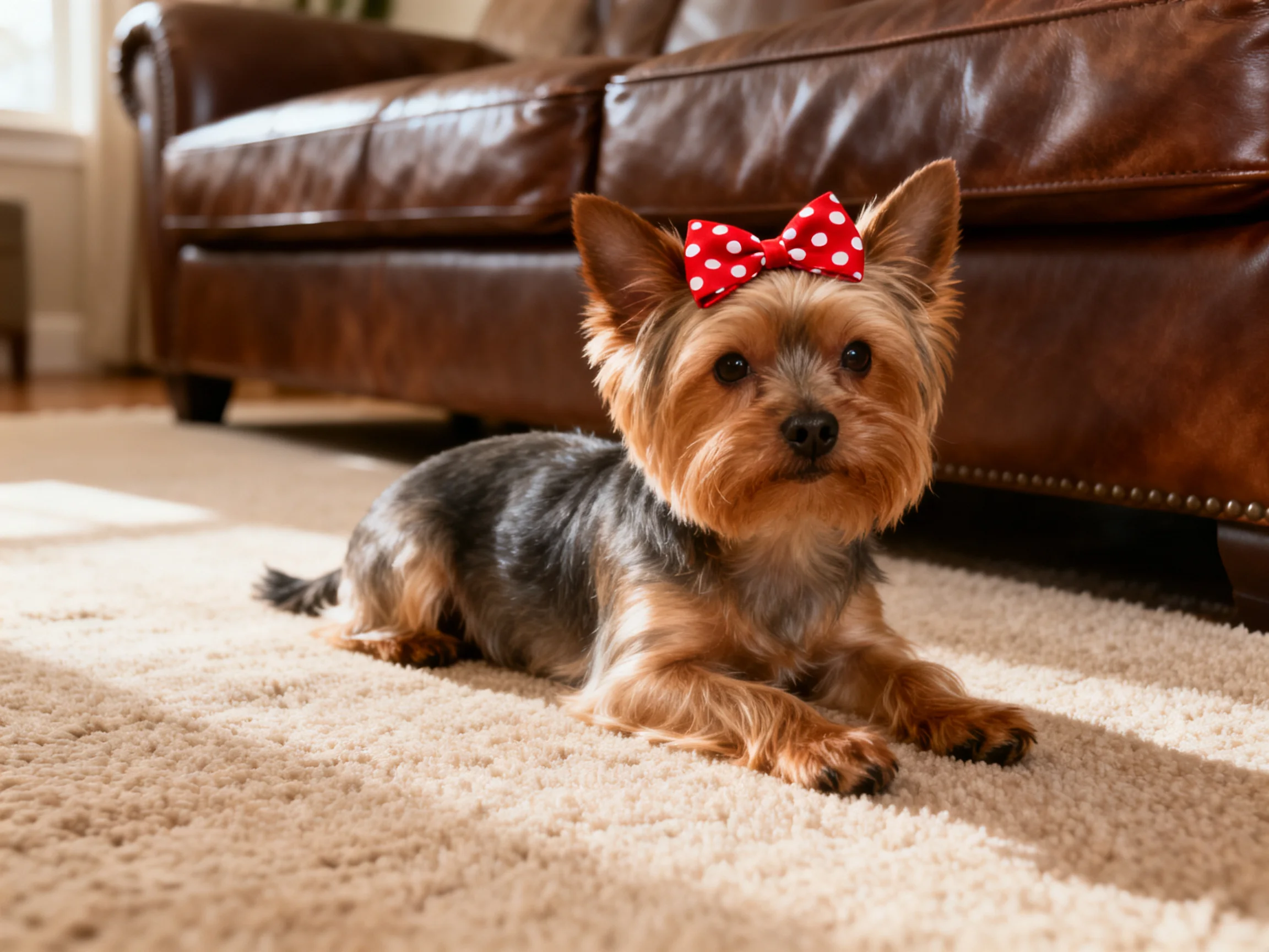 A small Yorkshire Terrier with a red polka dot bow rests near a brown leather sofa.