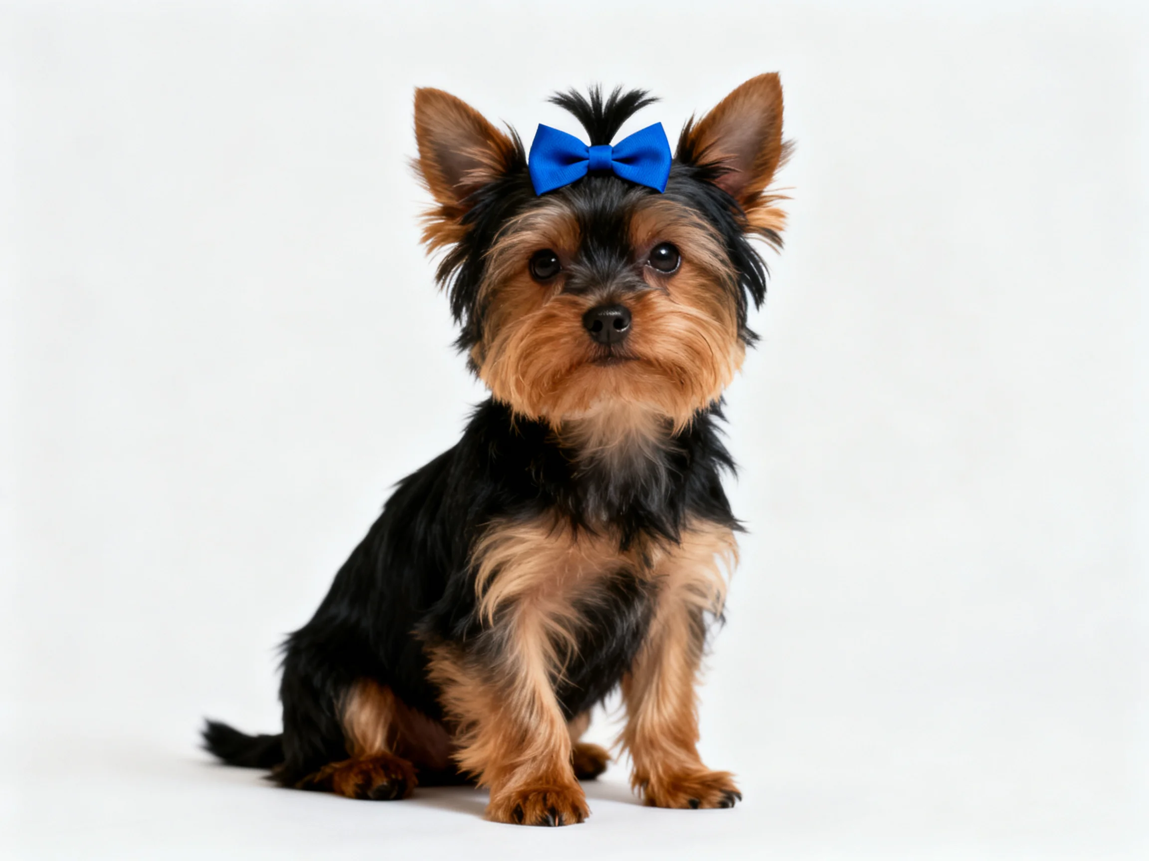 A small Yorkshire Terrier with black and tan fur sports a bright blue bow